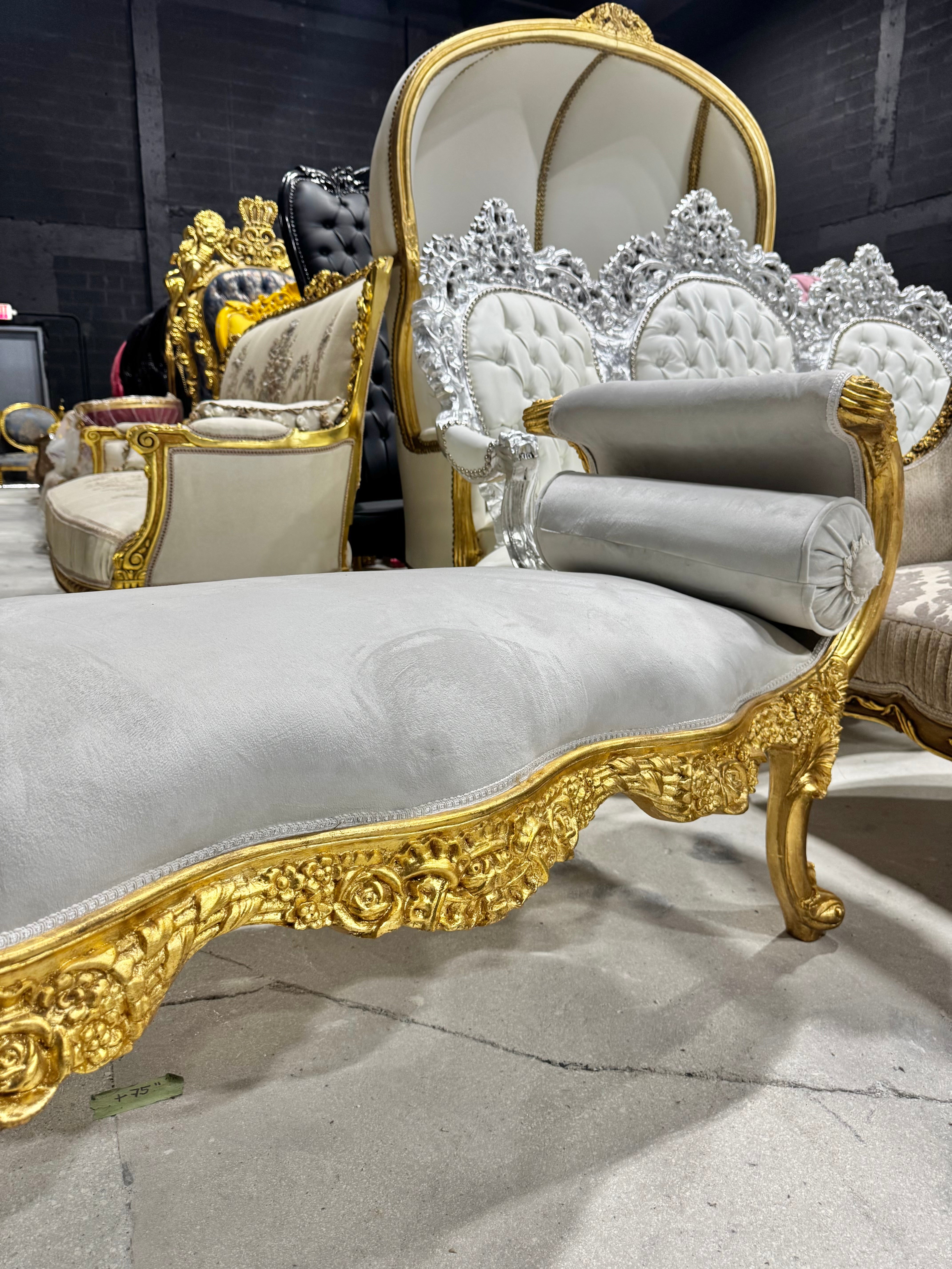 Baroque style off-white velvet bench, gold leaf frame
