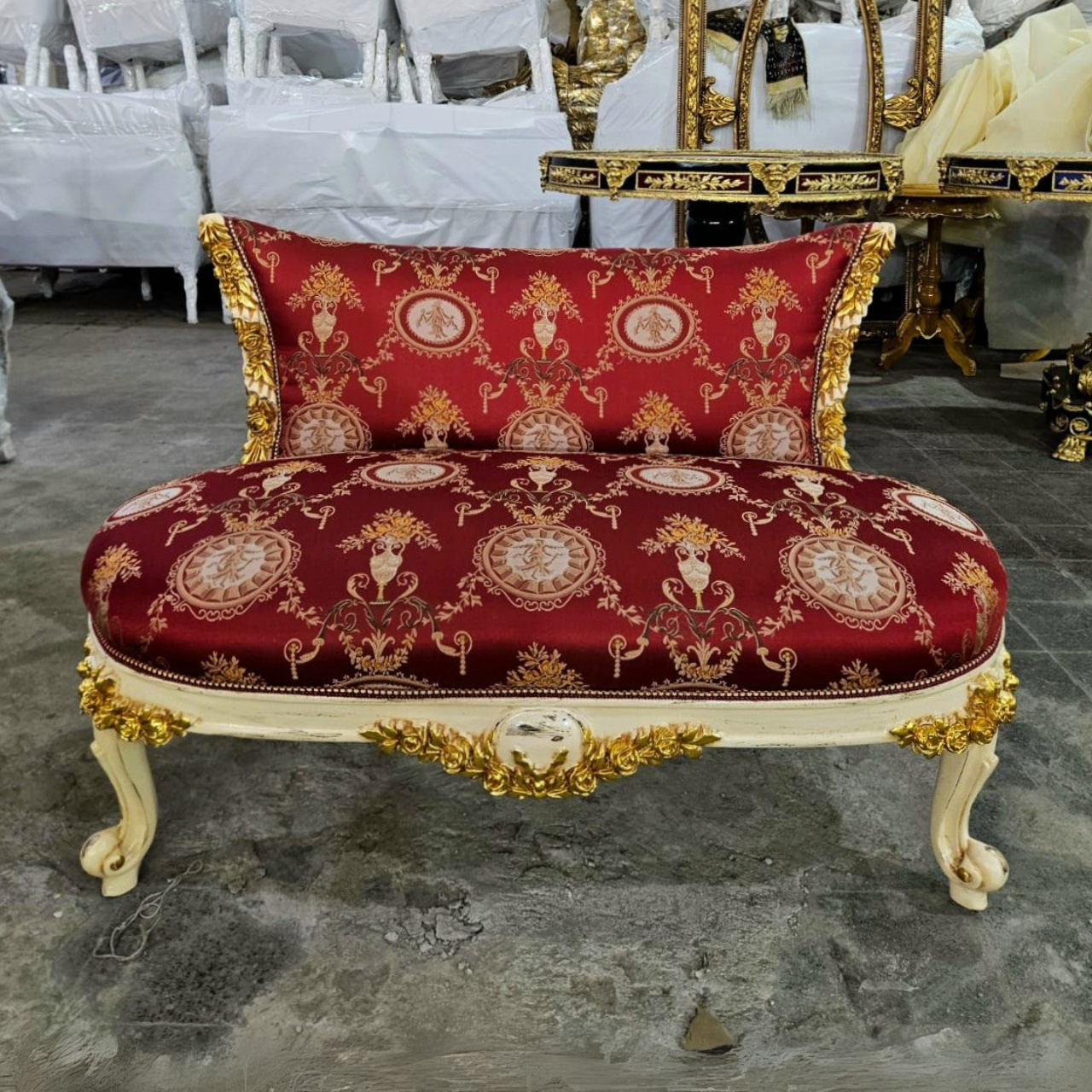 Vintage French Style Settee – Scarlet Upholstered Sofa with Gold Leaf Accents