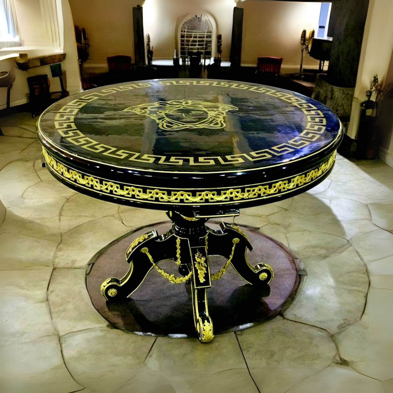 French Rococo Style Round Pedestal Dining Table – Black Wood Finish