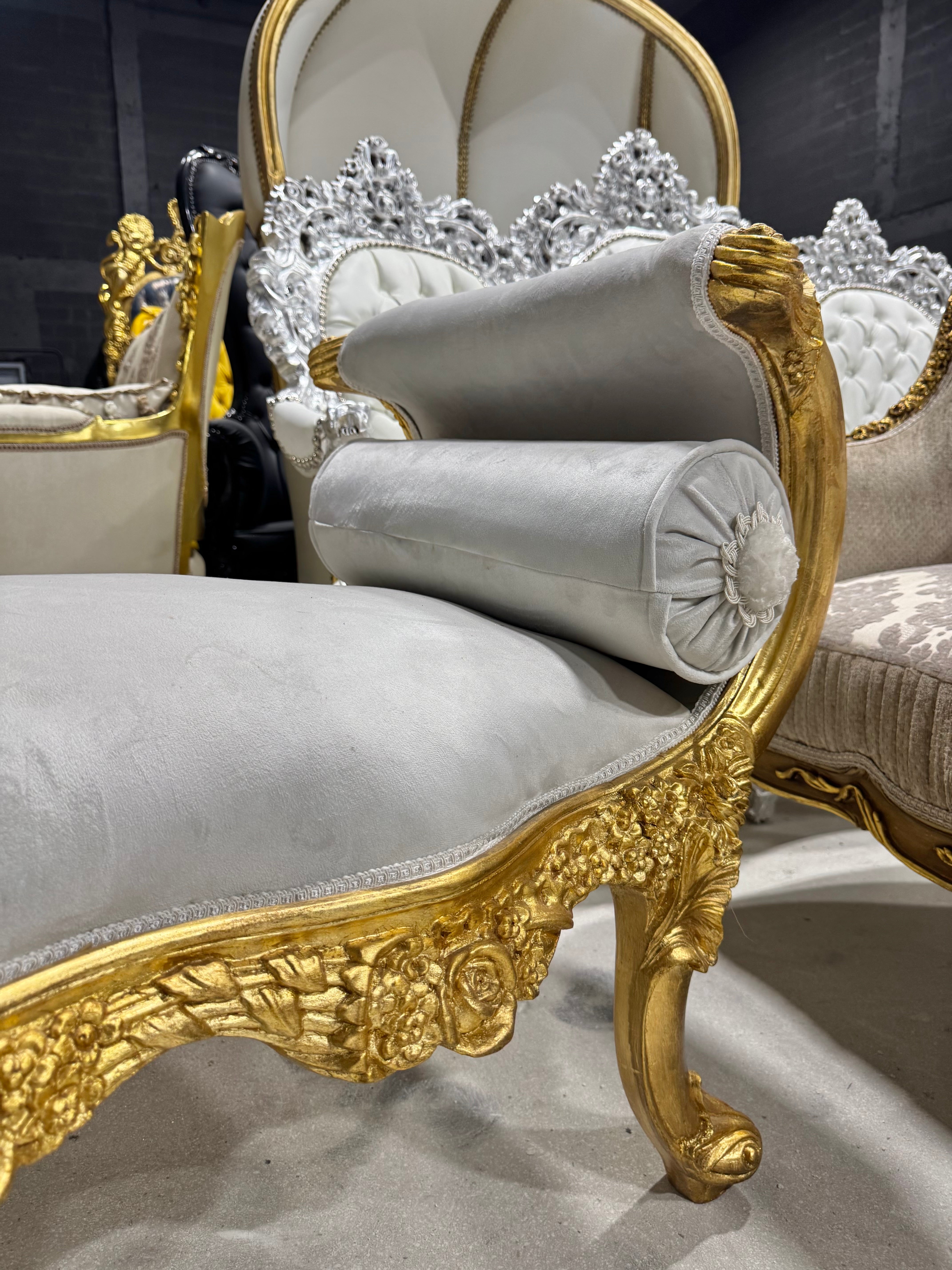 Baroque style off-white velvet bench, gold leaf frame