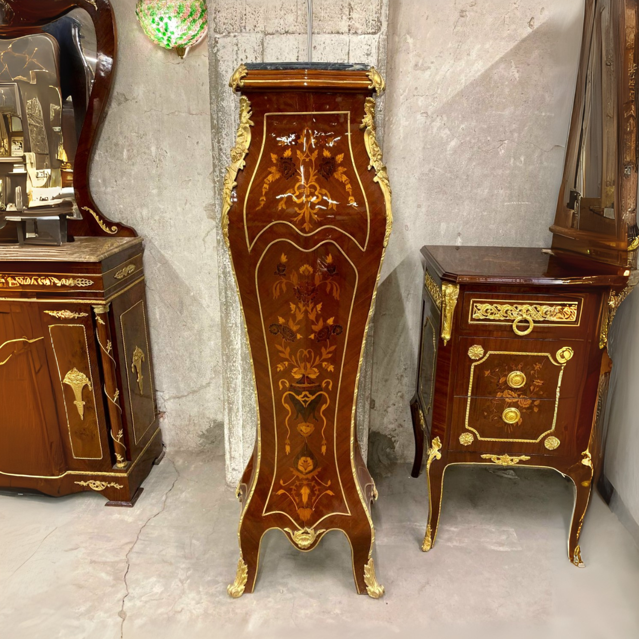 Elegant French Pedestal Stands – Solid Wood, Marble Top, Baroque Design