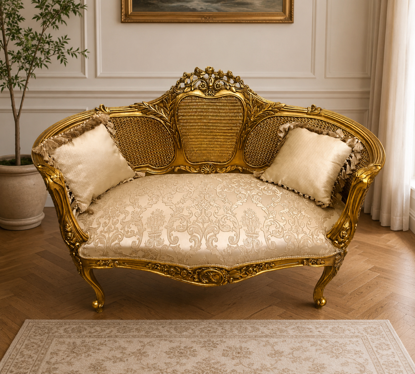 French Louis XV Gold Leaf Settee – Cream Beige Damask Upholstery with Two Accent Cushions