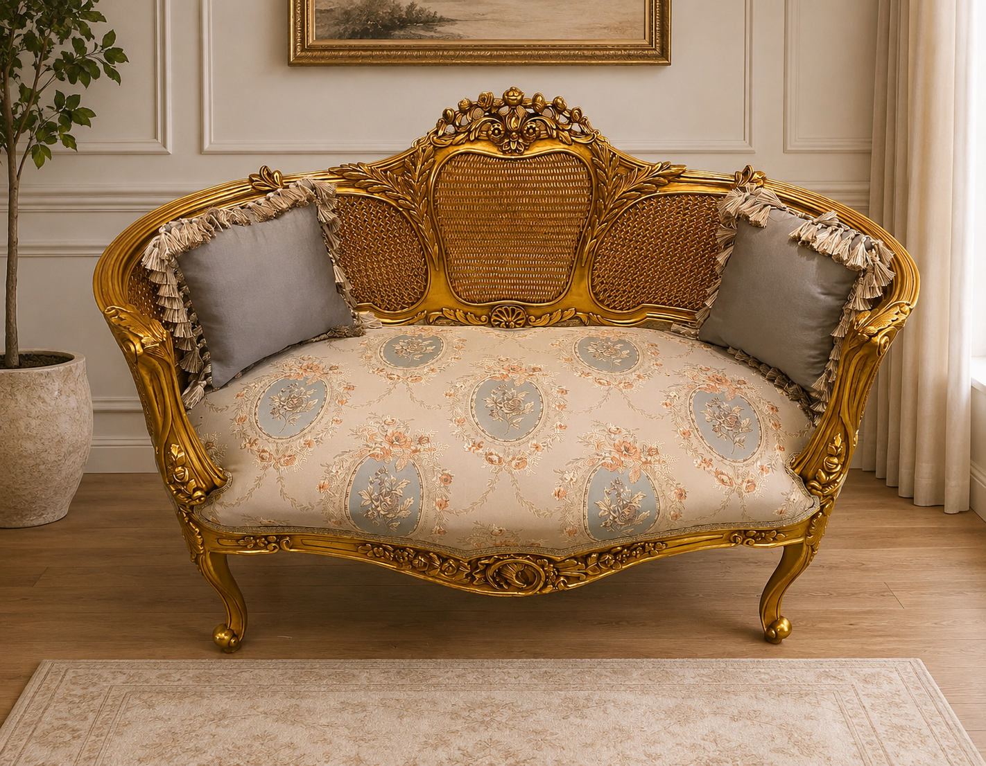 French Louis XV Style Gilded Bench – Light Blue Damask Upholstery & Decorative Cushions