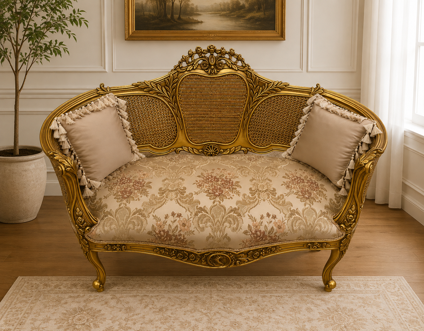 Louis XV Settee – Gold Leaf Frame with Elegant Light Brown Damask Upholstery & Accent Cushions