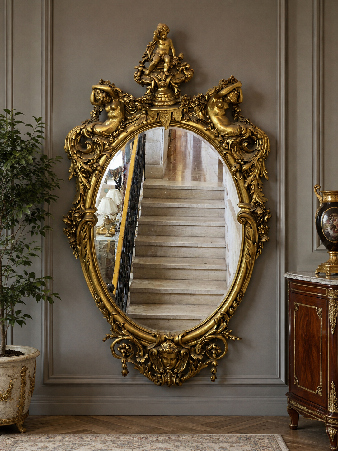French Rococo Gold Leaf Mirror – Ornate Oval Frame with Cherub & Mermaid Figures