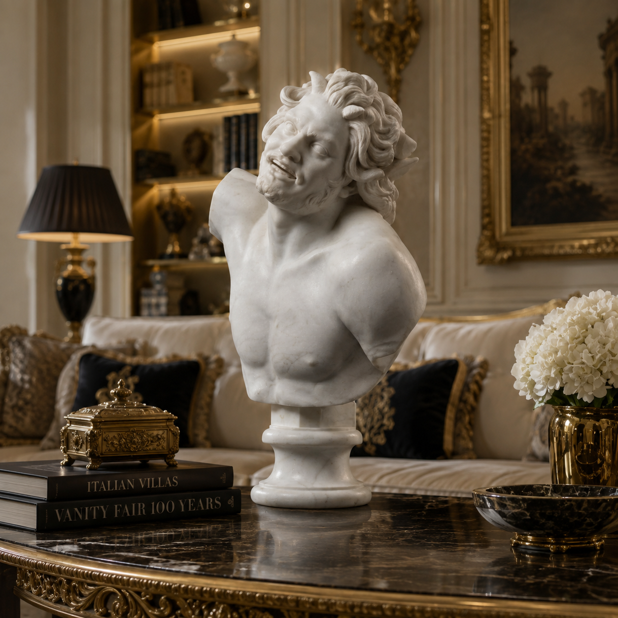 One-of-a-Kind Hand-Carved Natural Marble Bust Sculpture – Bust of a Drunken Satyr