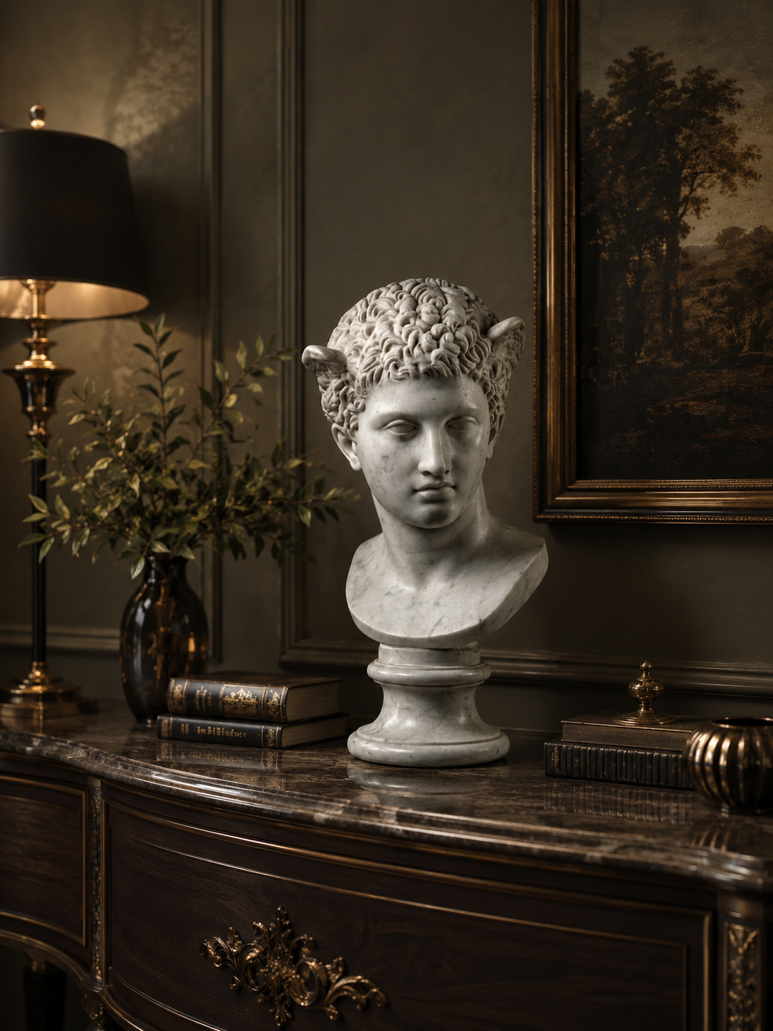One-of-a-Kind Hand-Carved Natural Marble Bust Sculpture – Head of a Little Faun