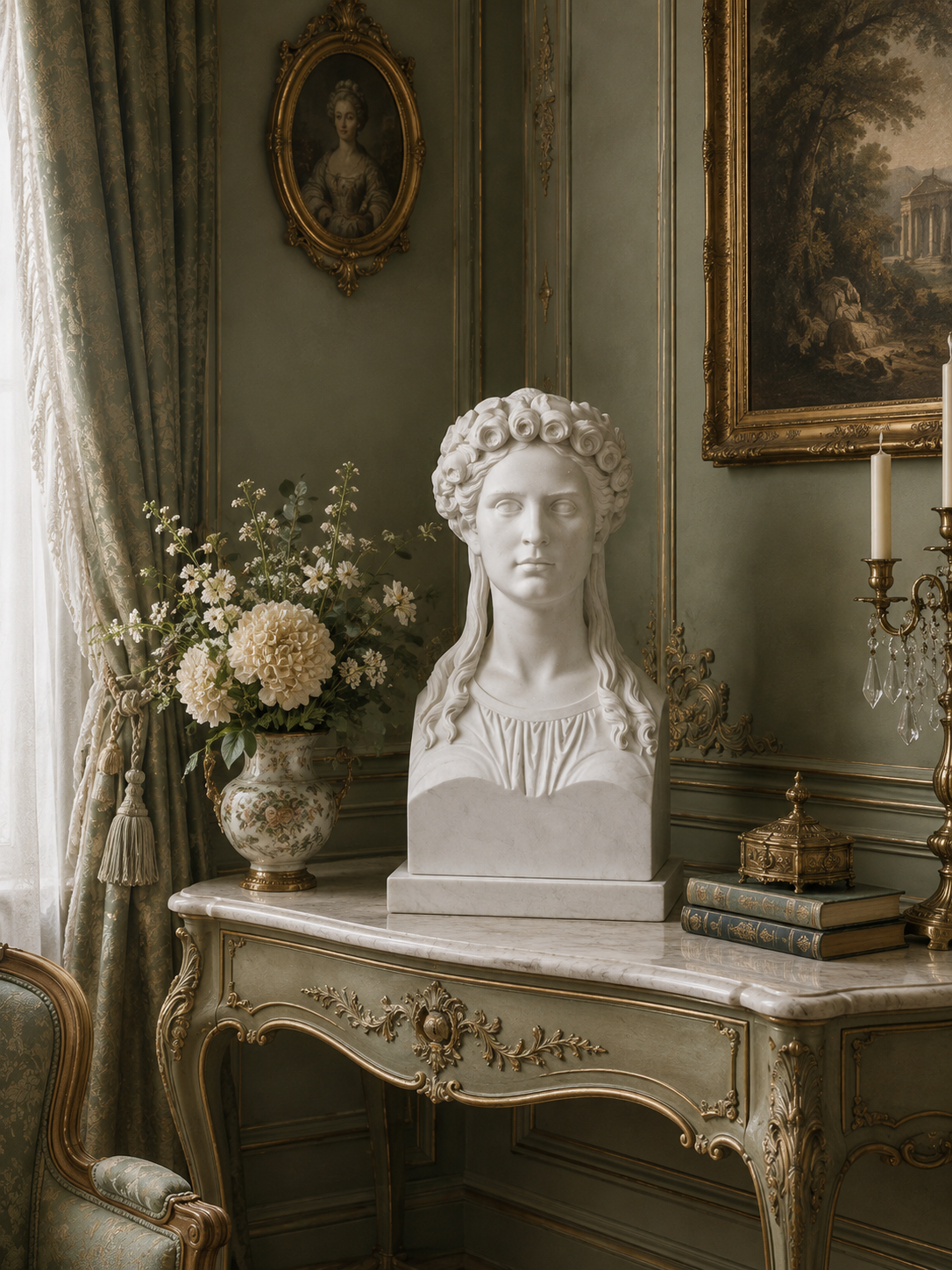 One-of-a-Kind Hand-Carved Natural Marble Bust Sculpture – Karoline von Rehfues