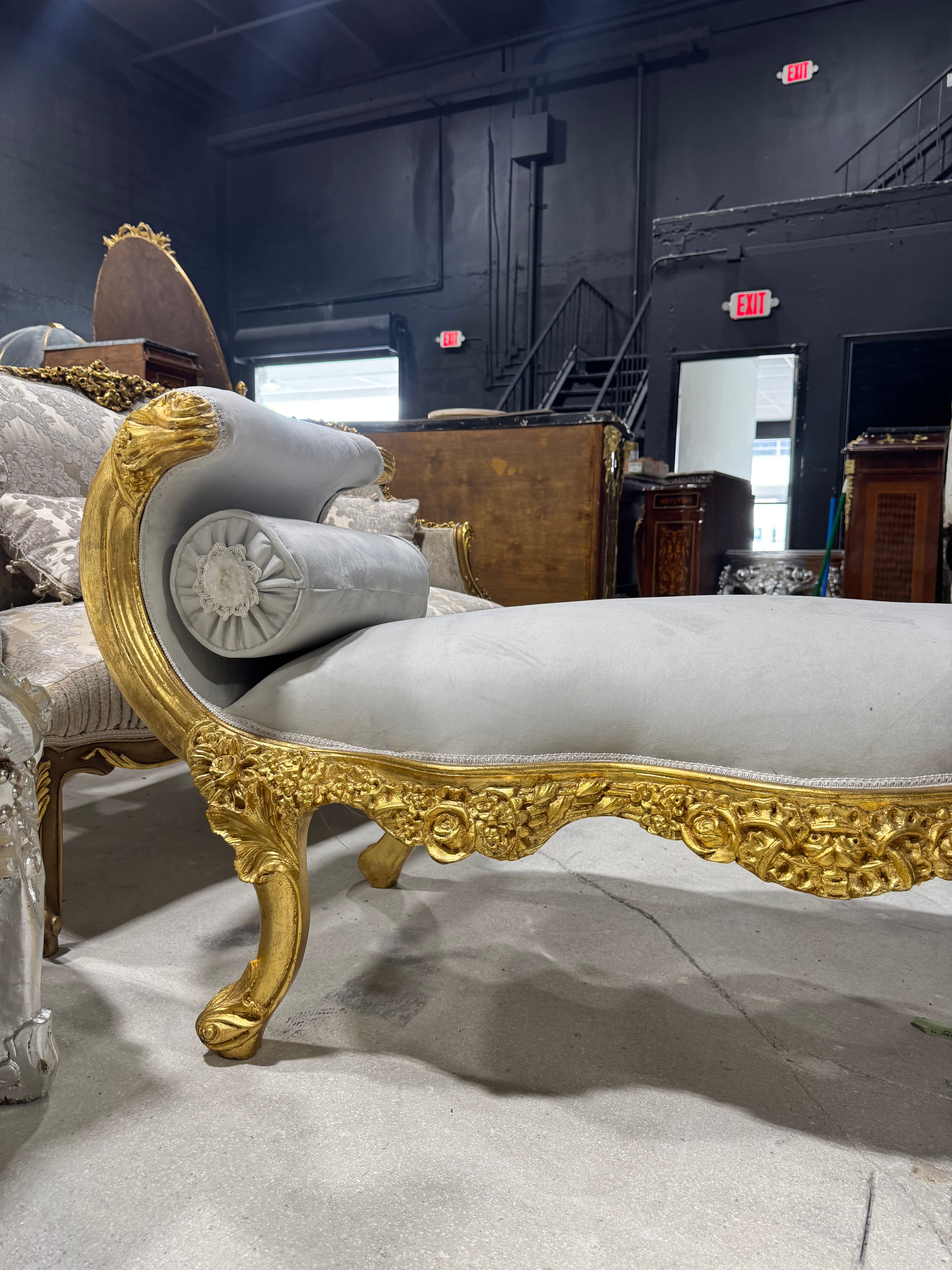 Baroque style off-white velvet bench, gold leaf frame