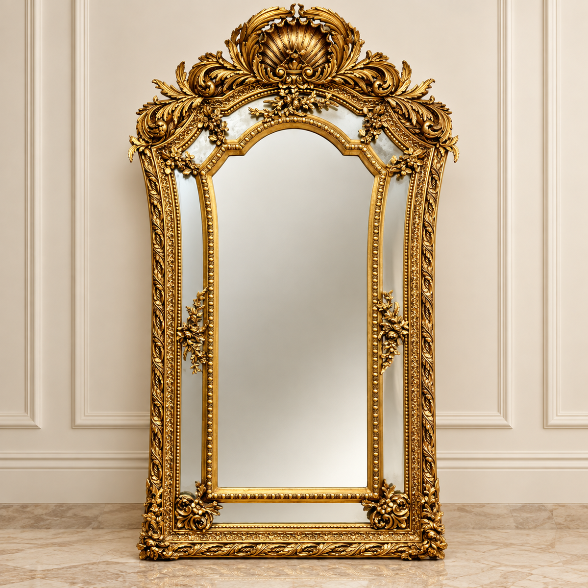 Grand French Rococo Style Mirror – Ornate Carved Gold Leaf Frame with Elaborate Floral Details