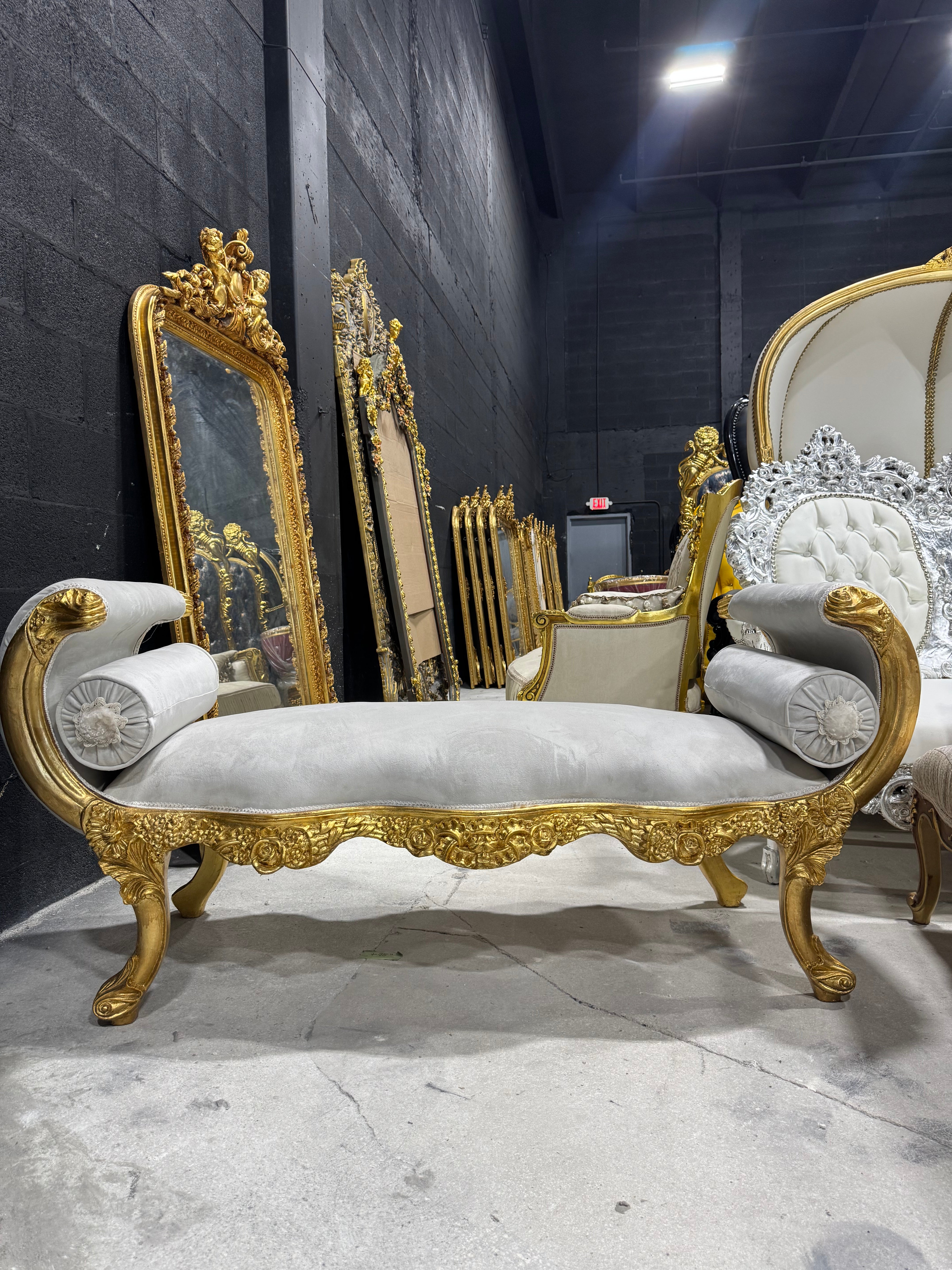 Baroque style off-white velvet bench, gold leaf frame