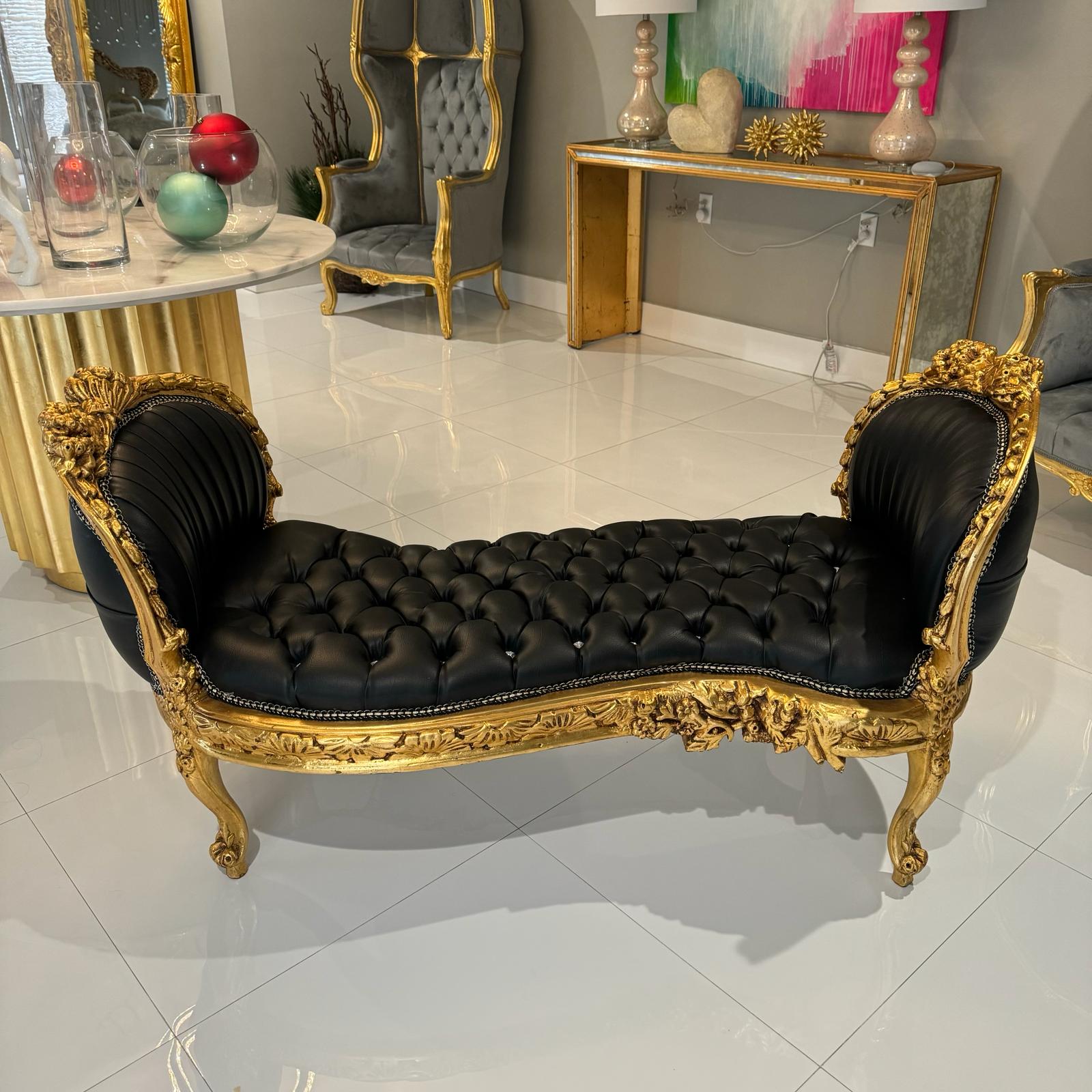 Marquis French Tufted Bench Black Leather French Bench Home Decor Furniture
