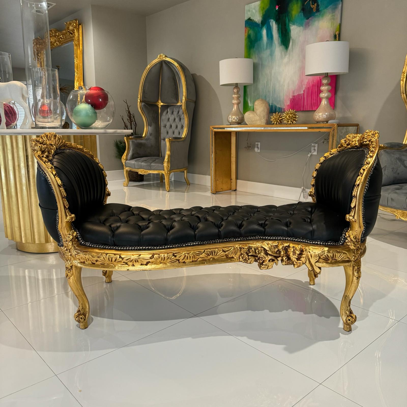 Marquis French Tufted Bench Black Leather French Bench Home Decor Furniture