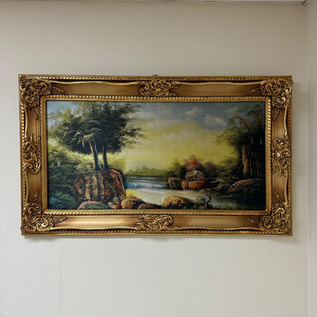European Countryside Landscape Wall Art – Scenic River & Woodland with Ornate Gold Leaf Frame