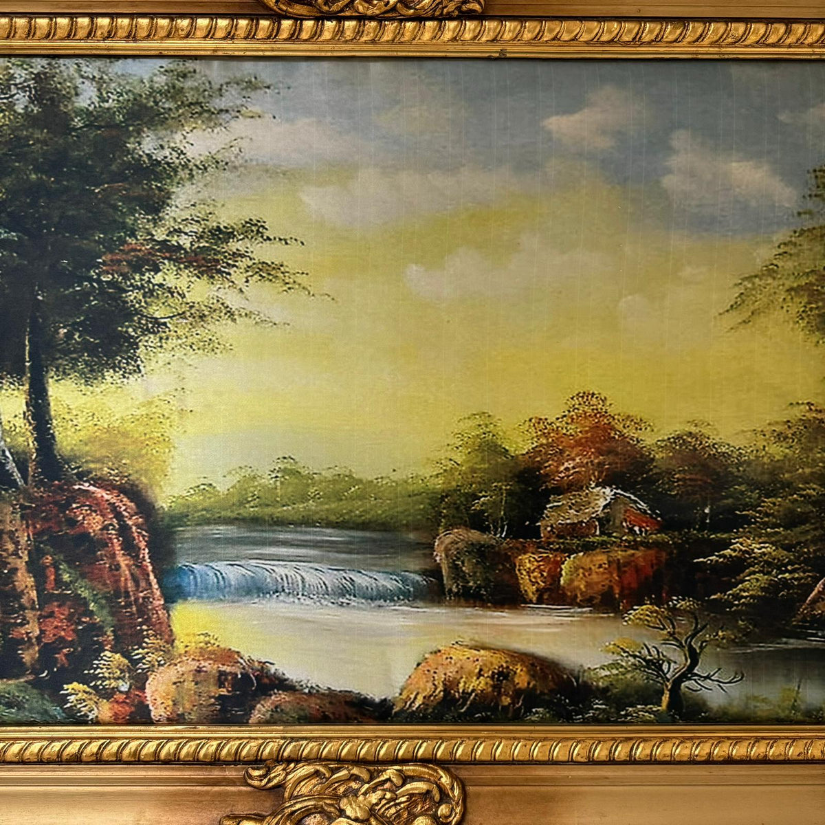European Countryside Landscape Wall Art – Scenic River & Woodland with Ornate Gold Leaf Frame