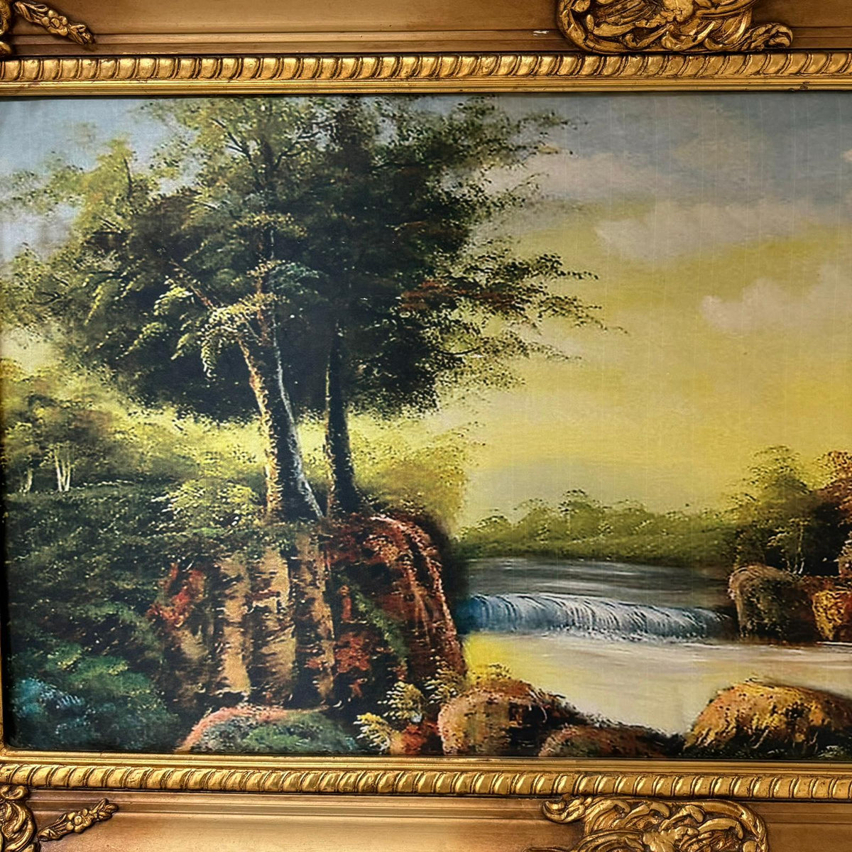 European Countryside Landscape Wall Art – Scenic River & Woodland with Ornate Gold Leaf Frame