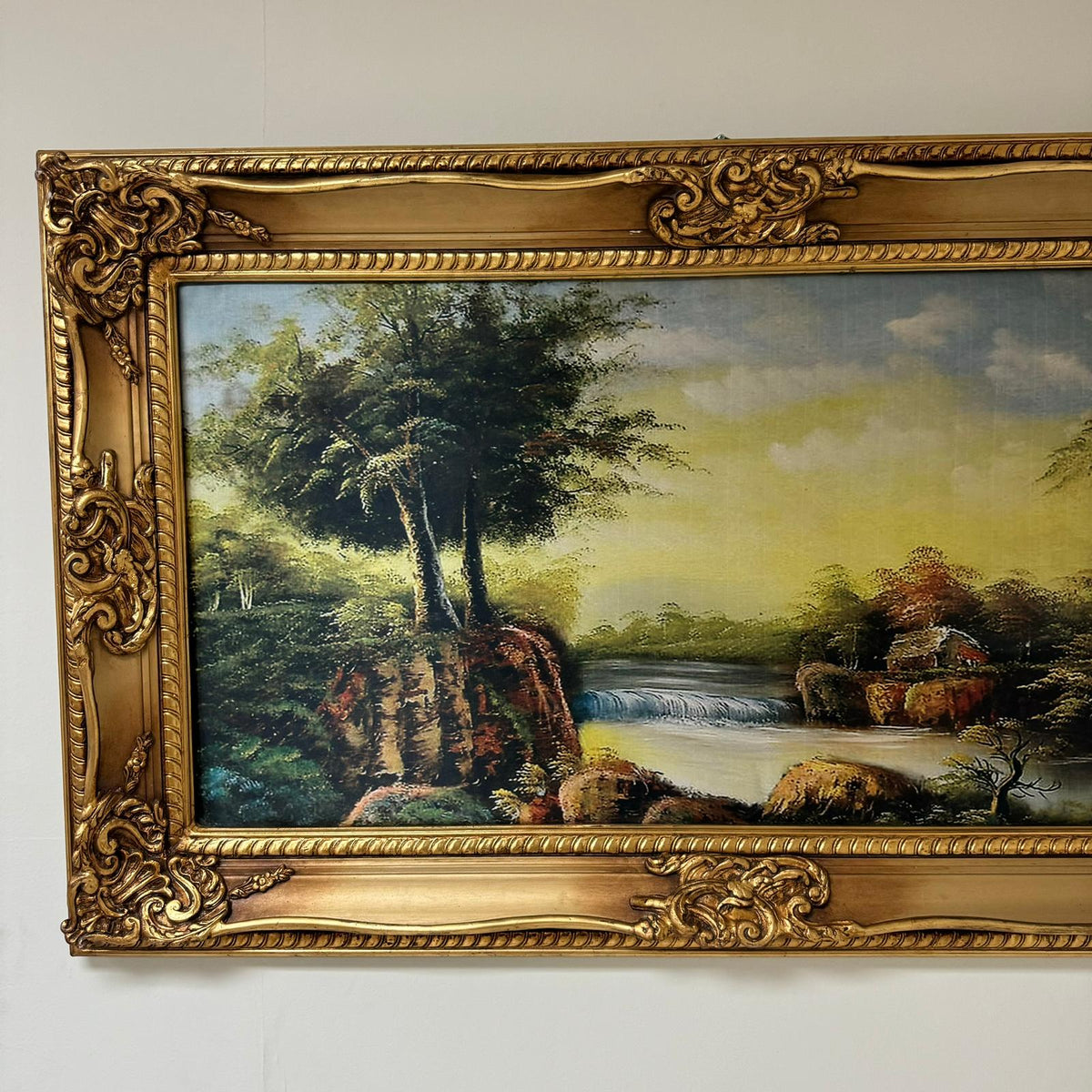 European Countryside Landscape Wall Art – Scenic River & Woodland with Ornate Gold Leaf Frame