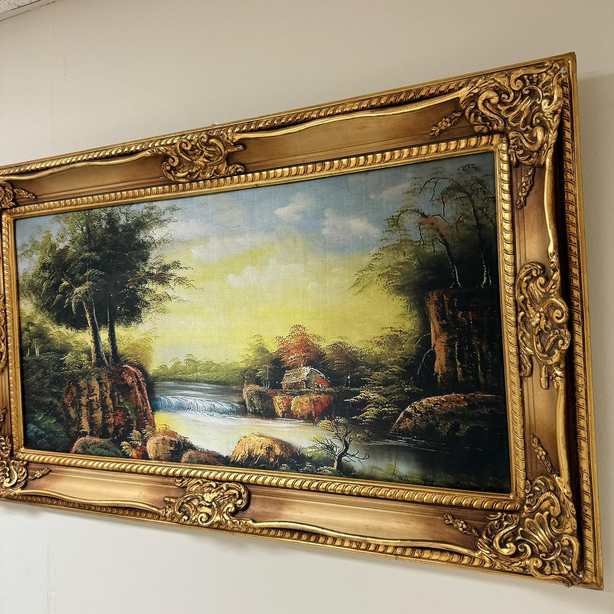 European Countryside Landscape Wall Art – Scenic River & Woodland with Ornate Gold Leaf Frame