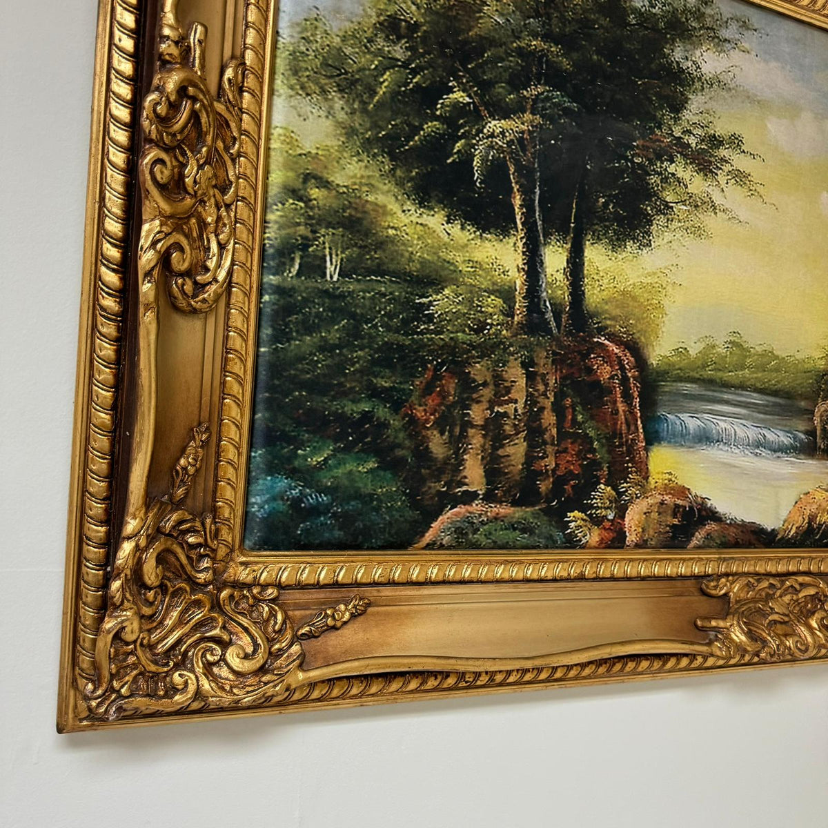 European Countryside Landscape Wall Art – Scenic River & Woodland with Ornate Gold Leaf Frame