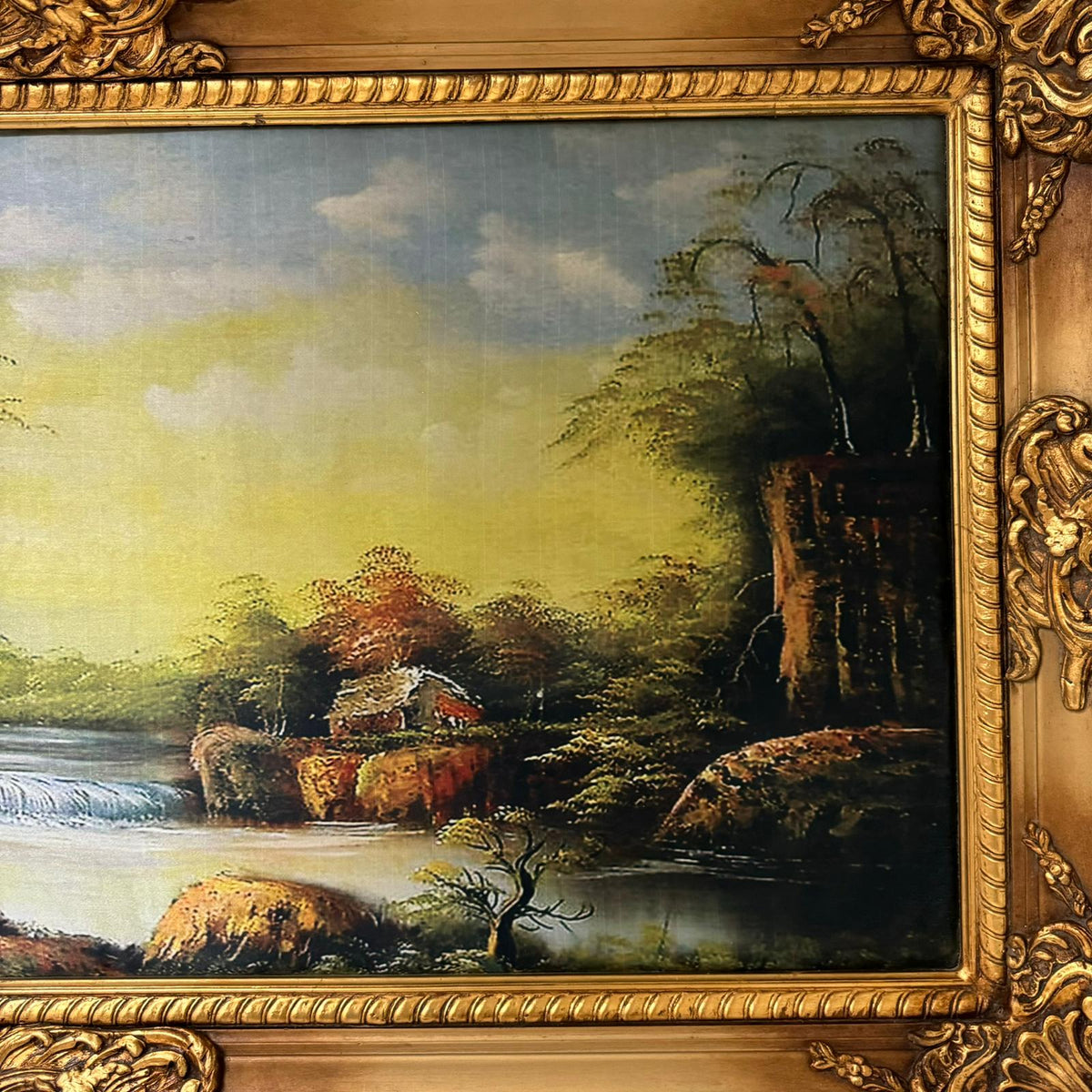 European Countryside Landscape Wall Art – Scenic River & Woodland with Ornate Gold Leaf Frame