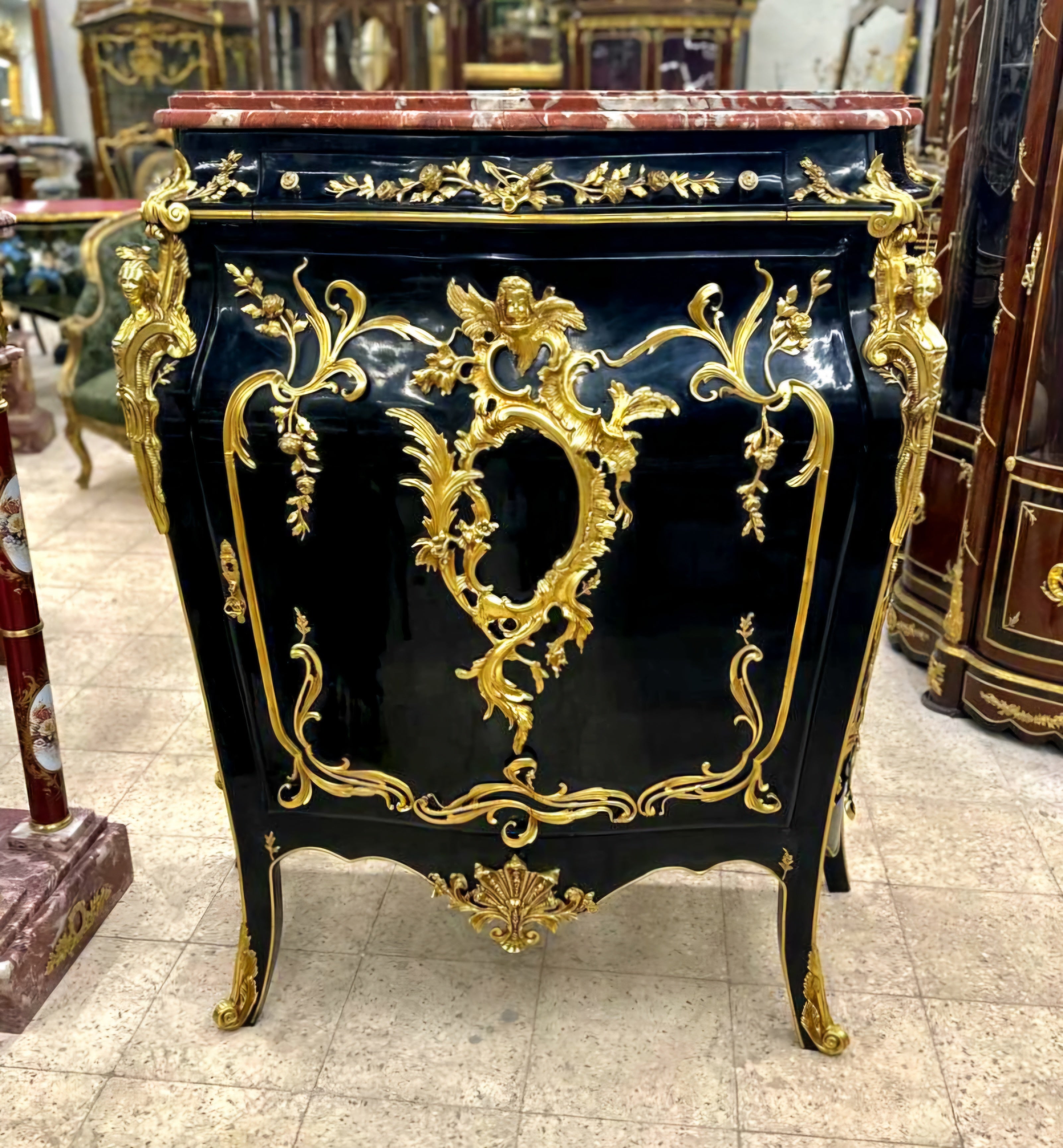 Black Commode Cabinet Bronze Details Late 19th Century Marble Topped
