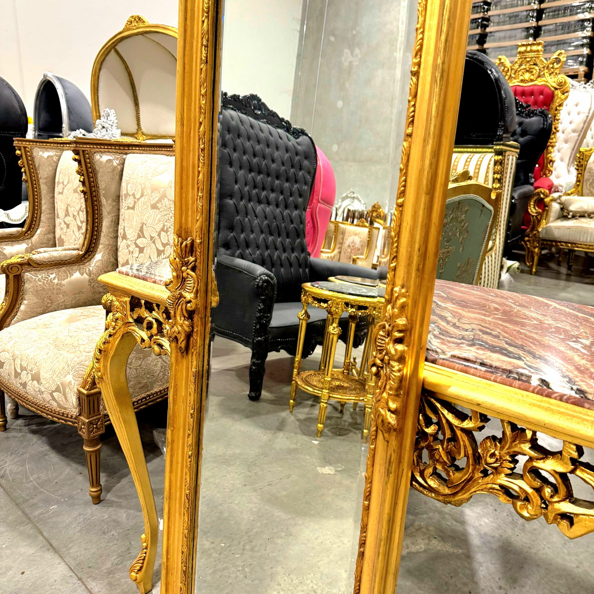 French Style Gold Floor Mirror Refinished in Gold Leaf Details