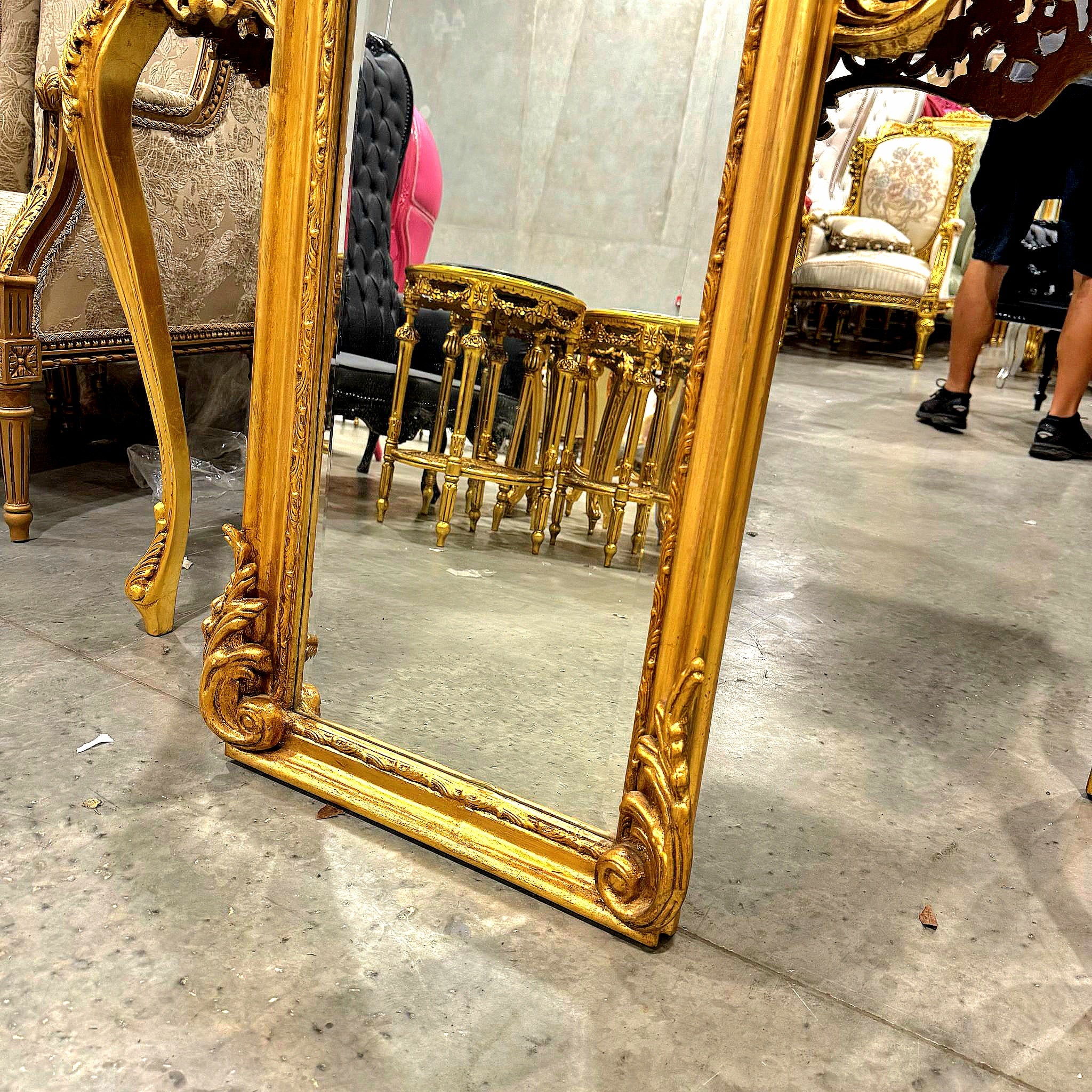French Style Gold Floor Mirror Refinished in Gold Leaf Details