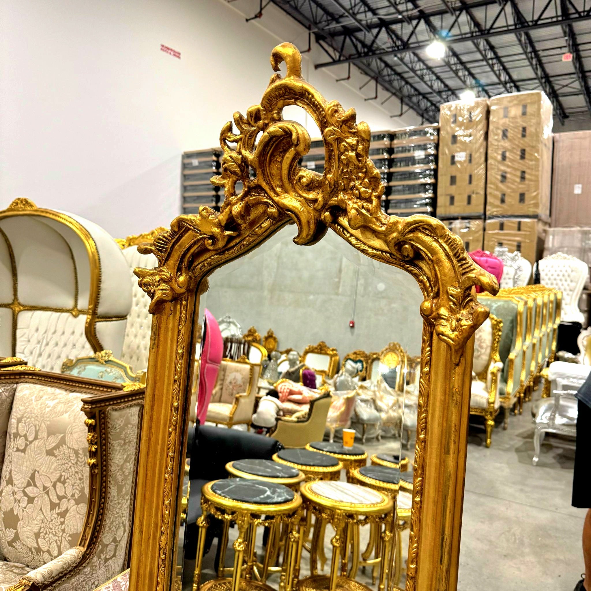 French Style Gold Floor Mirror Refinished in Gold Leaf Details