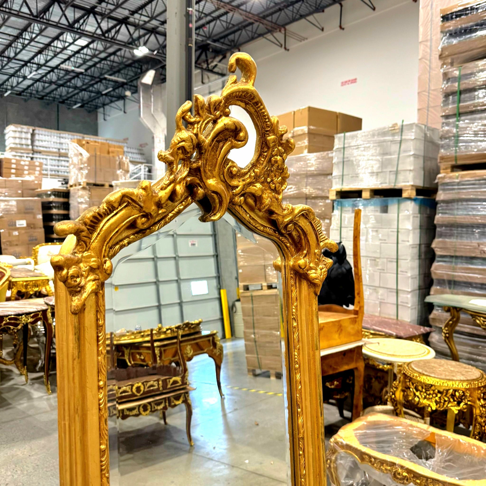 French Style Gold Floor Mirror Refinished in Gold Leaf Details