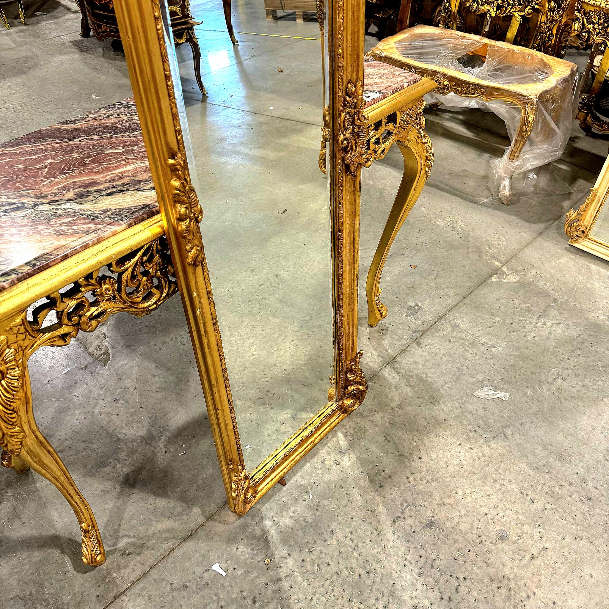 French Style Gold Floor Mirror Refinished in Gold Leaf Details
