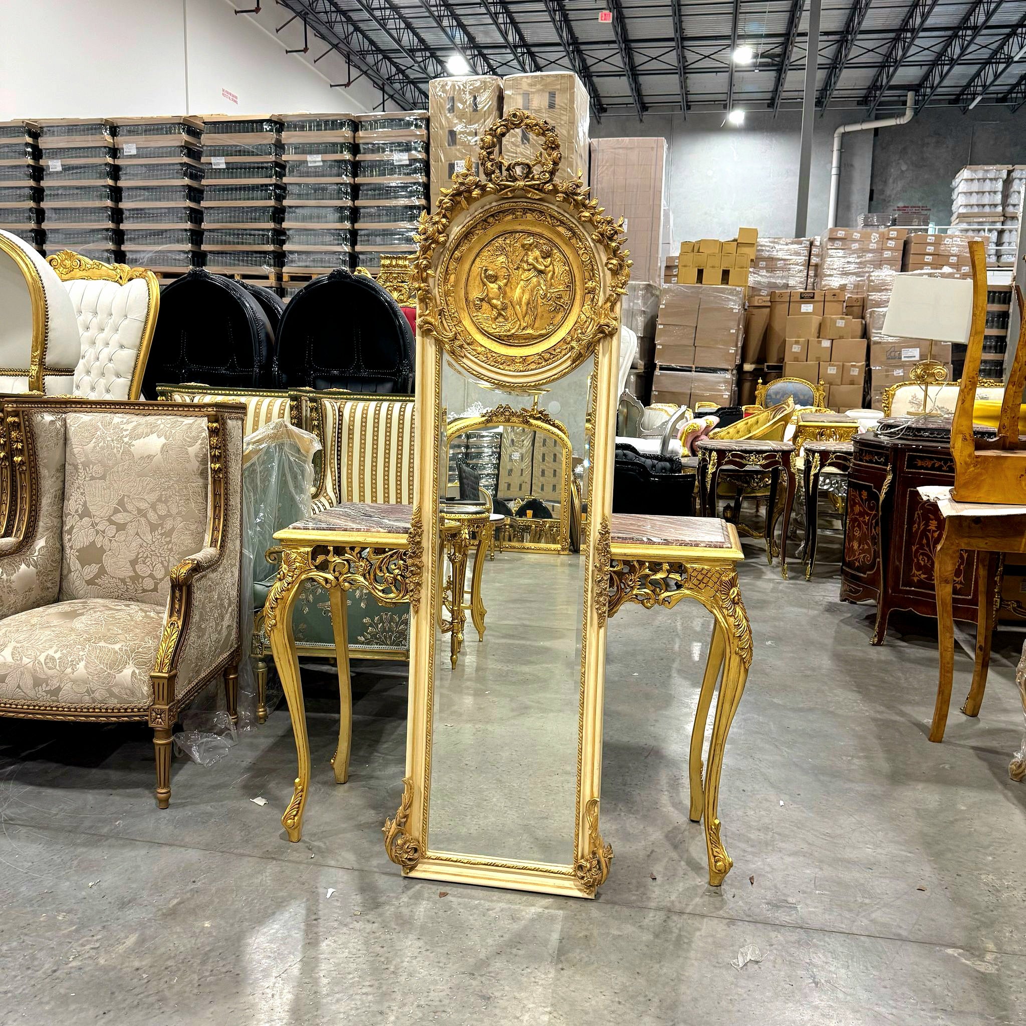 Baroque Style Gold Leaf Floor Mirror - Ornate Carved Off-White/Beige Frame