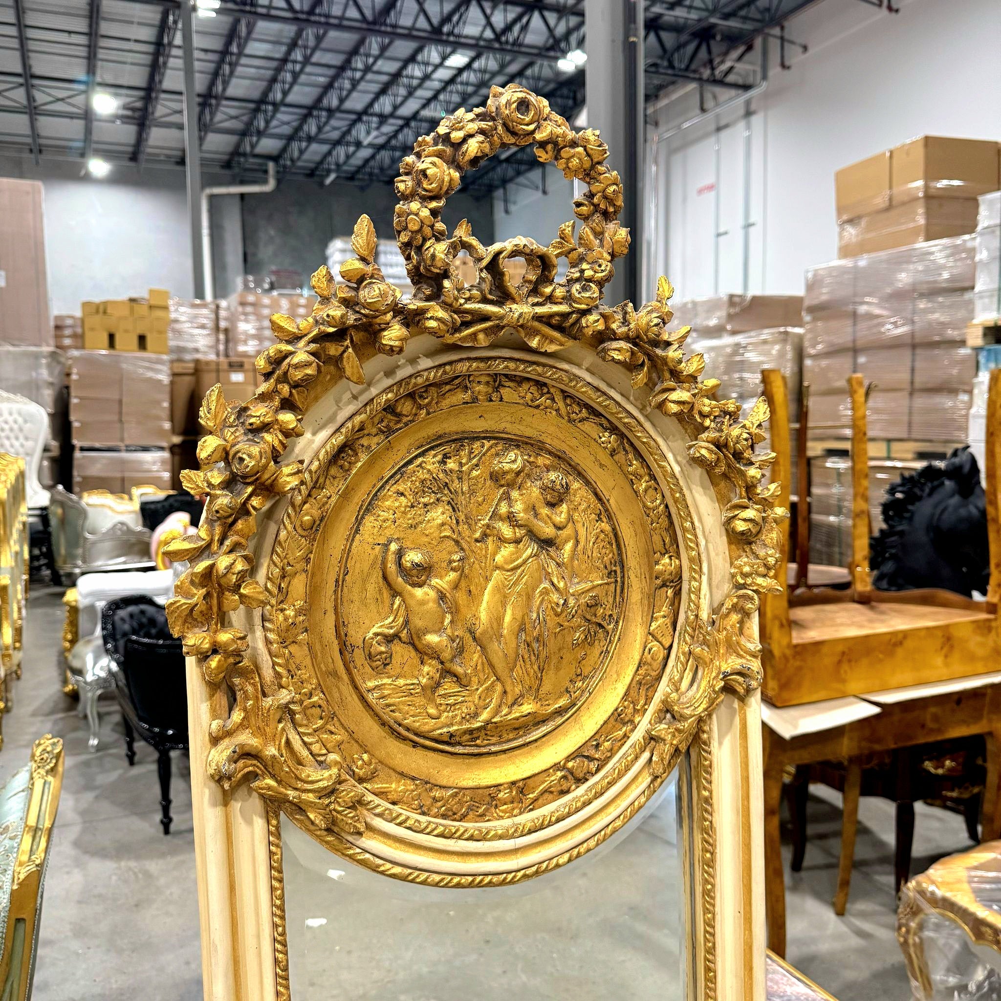 Baroque Style Gold Leaf Floor Mirror - Ornate Carved Off-White/Beige Frame