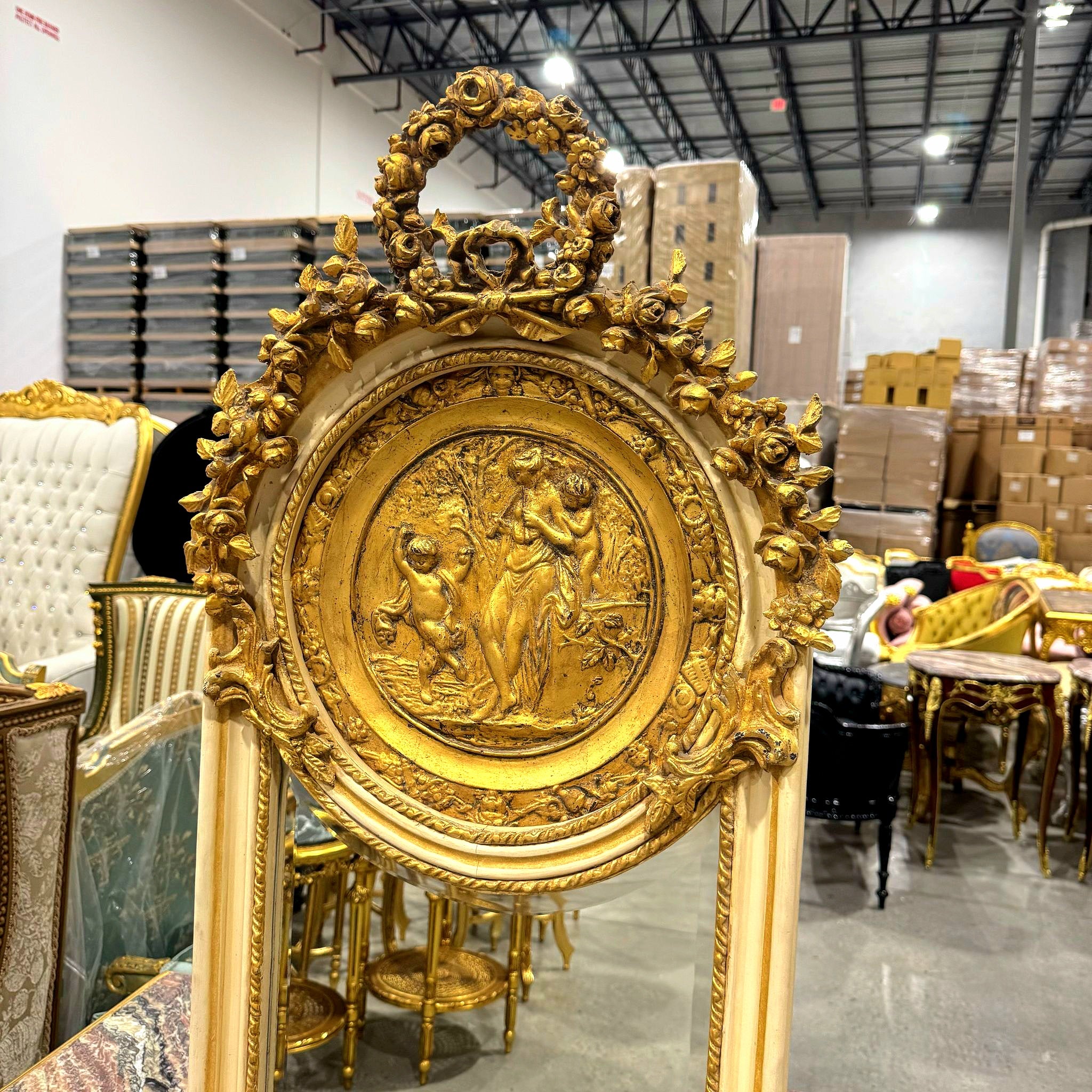 Baroque Style Gold Leaf Floor Mirror - Ornate Carved Off-White/Beige Frame