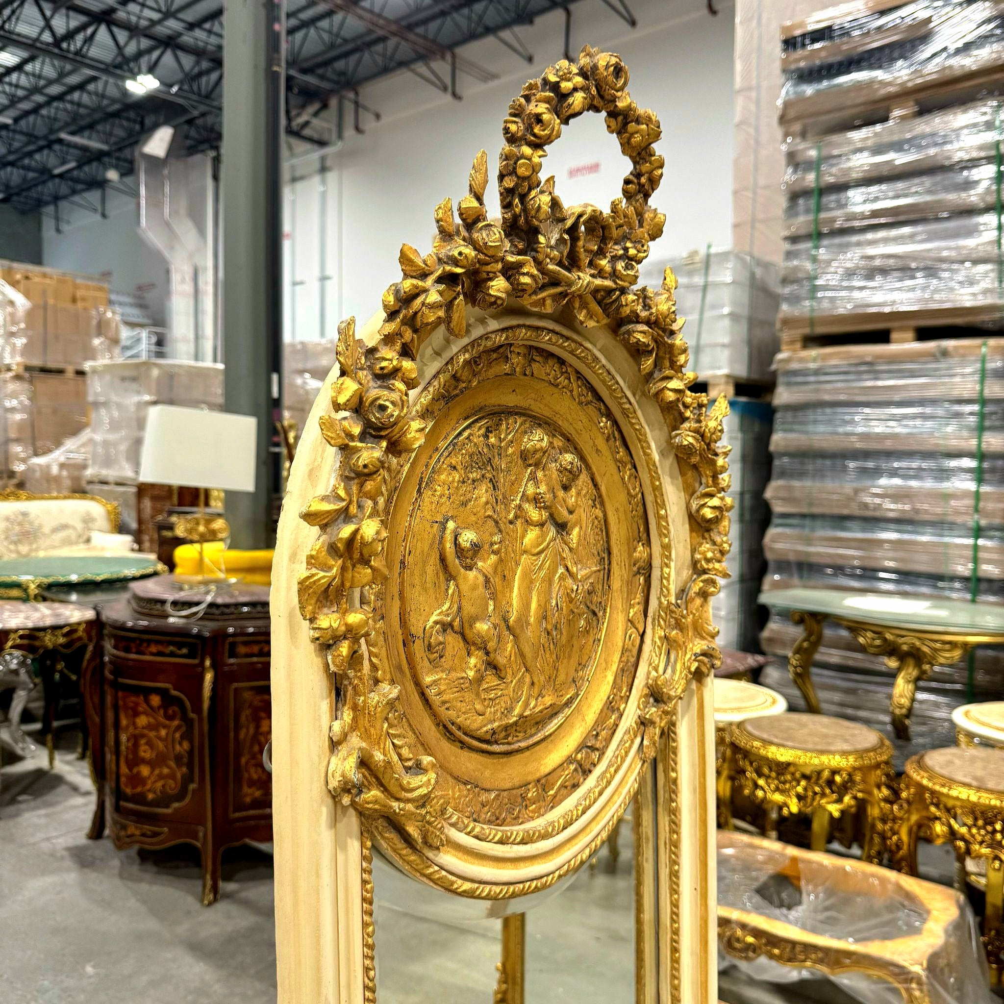 Baroque Style Gold Leaf Floor Mirror - Ornate Carved Off-White/Beige Frame