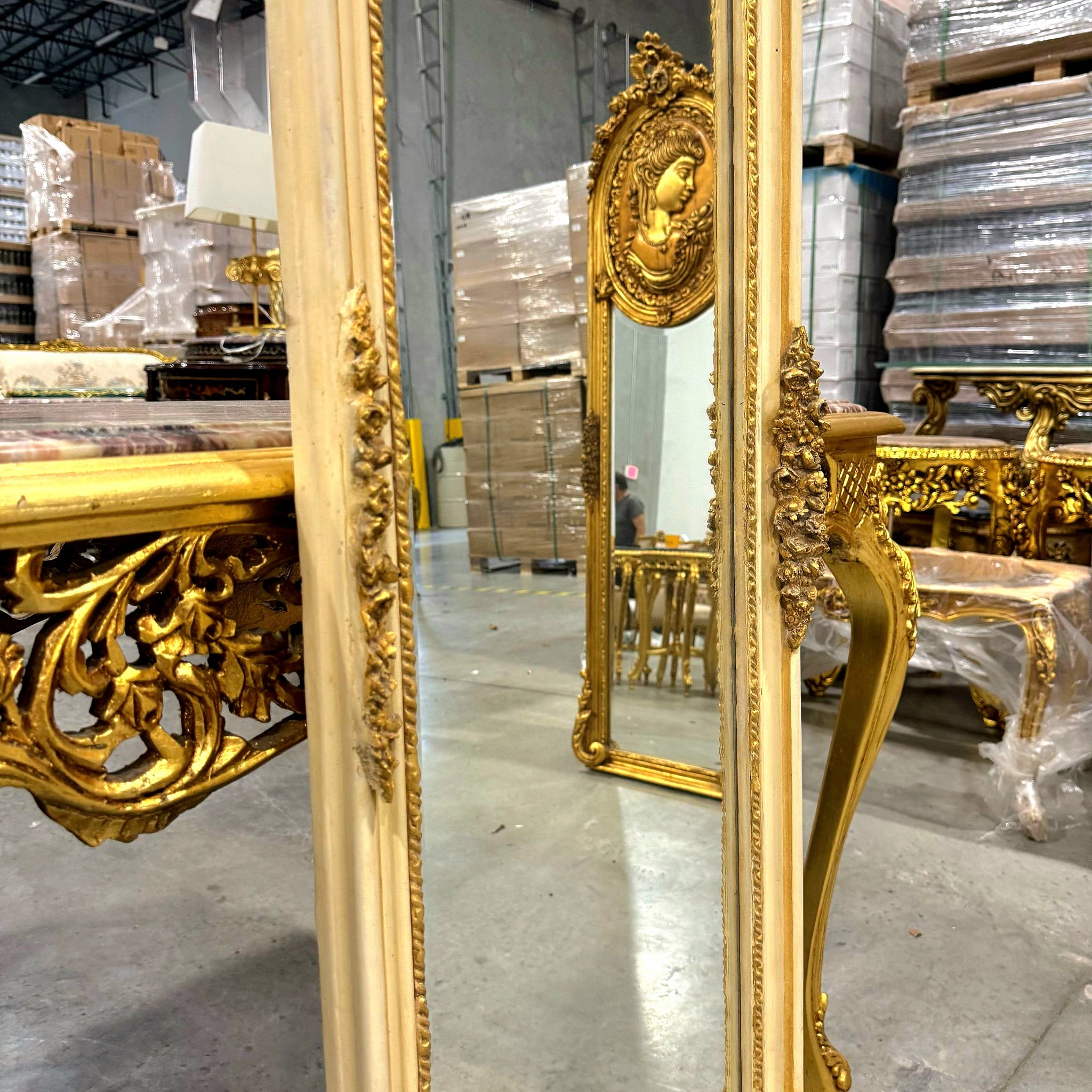 Baroque Style Gold Leaf Floor Mirror - Ornate Carved Off-White/Beige Frame