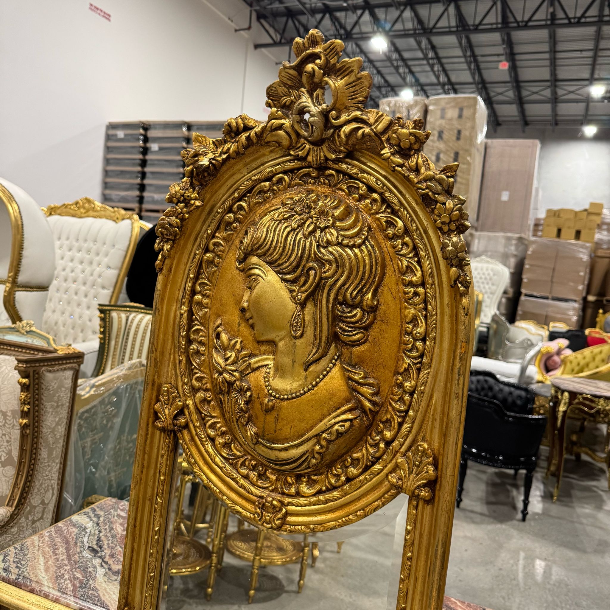 French Baroque Style Gold Woman Floor Mirror Gold Leaf Details