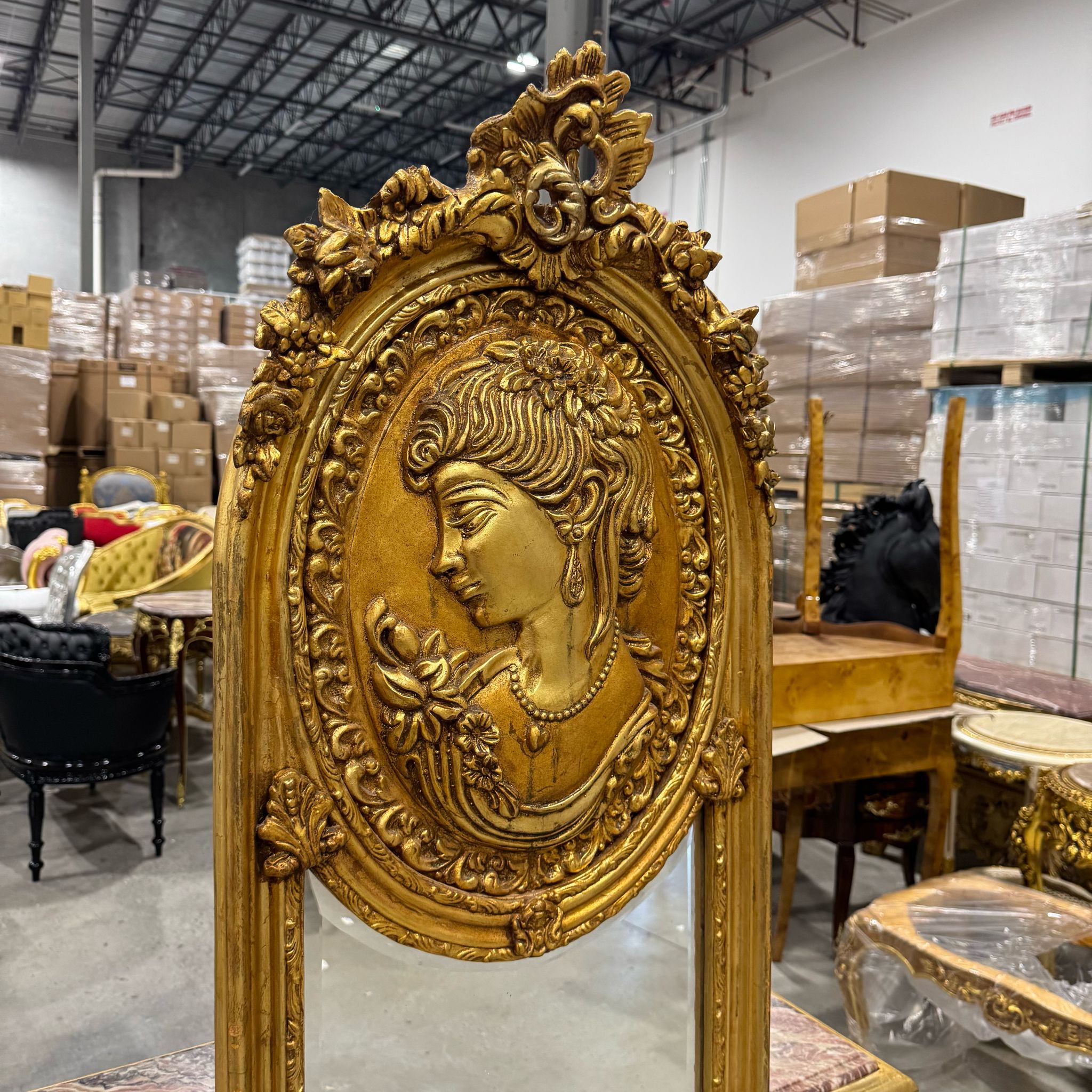 French Baroque Style Gold Woman Floor Mirror Gold Leaf Details