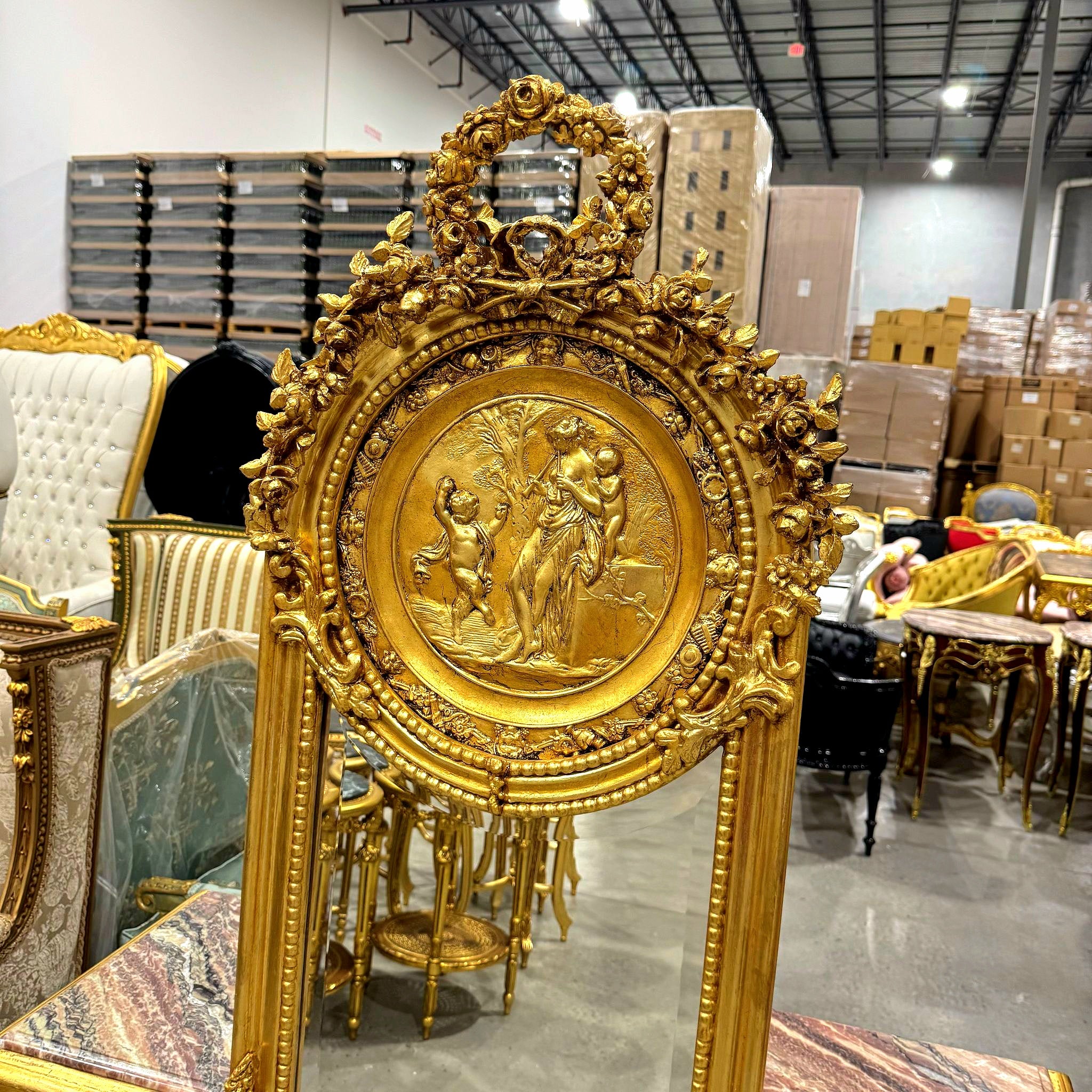 French Baroque Style 6 Feet Tall Light Gold Floor Carved Mirror