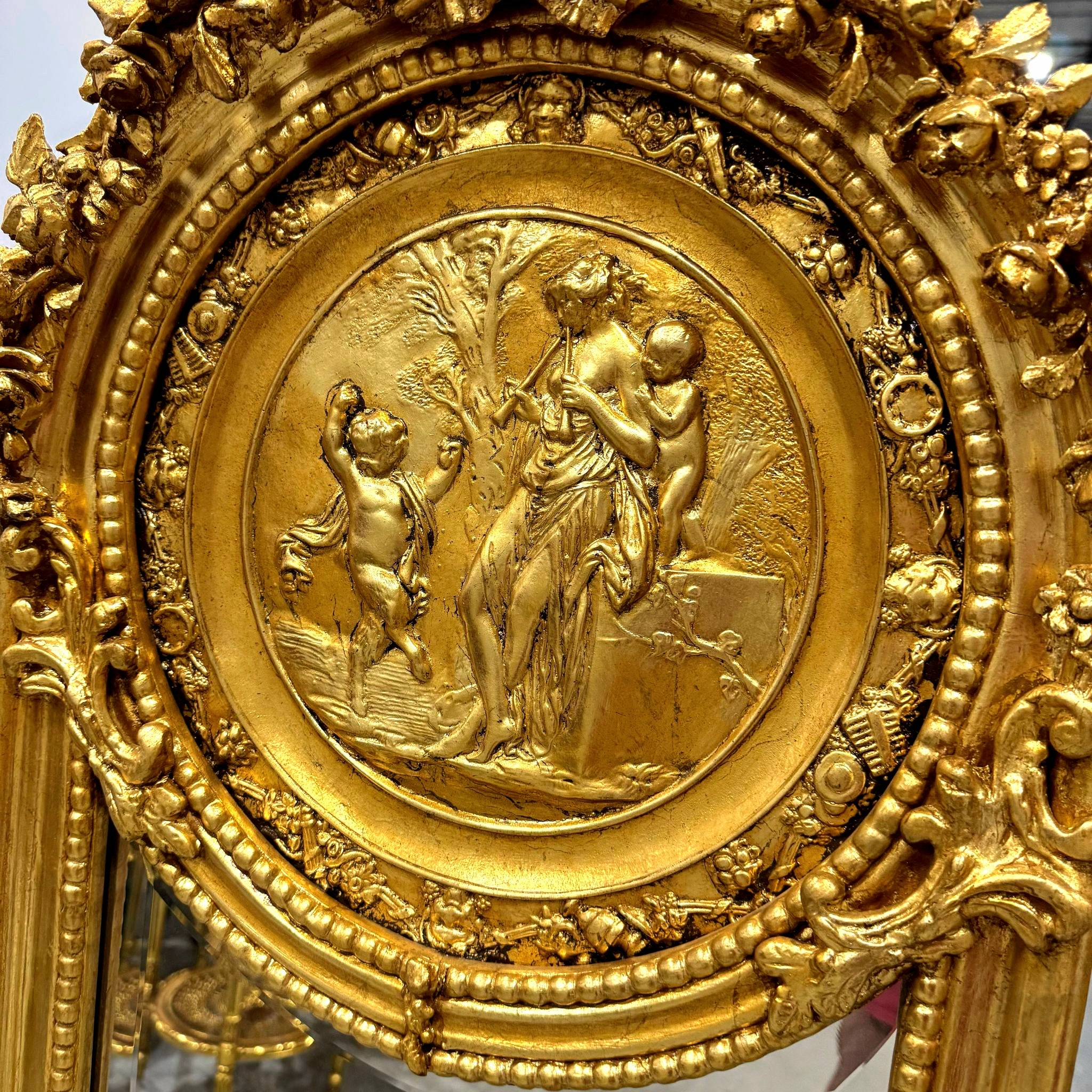 French Baroque Style 6 Feet Tall Light Gold Floor Carved Mirror