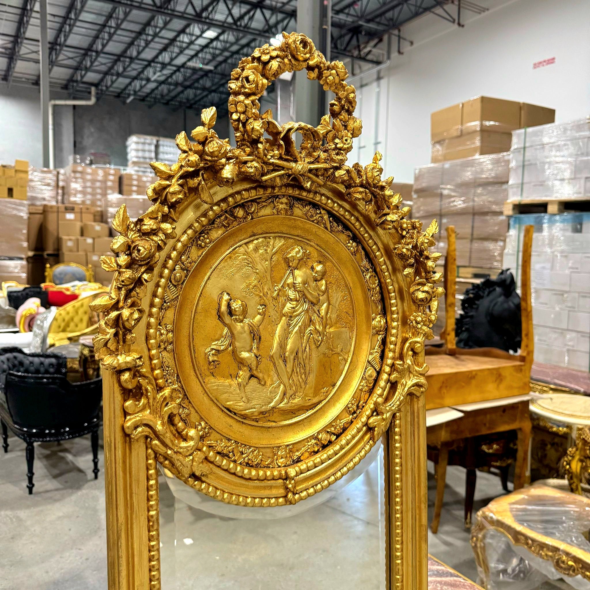 French Baroque Style 6 Feet Tall Light Gold Floor Carved Mirror