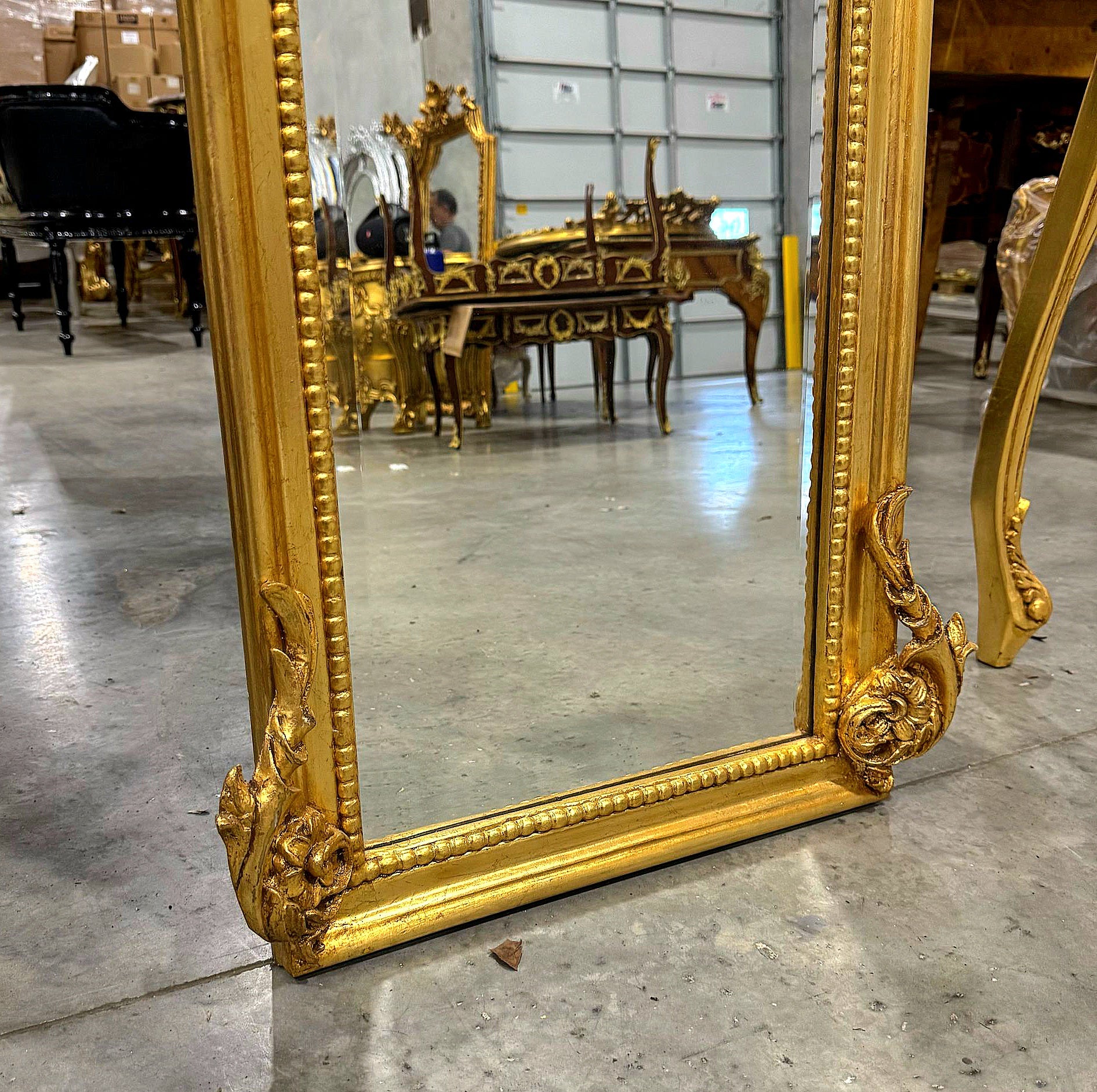 French Baroque Style 6 Feet Tall Light Gold Floor Carved Mirror