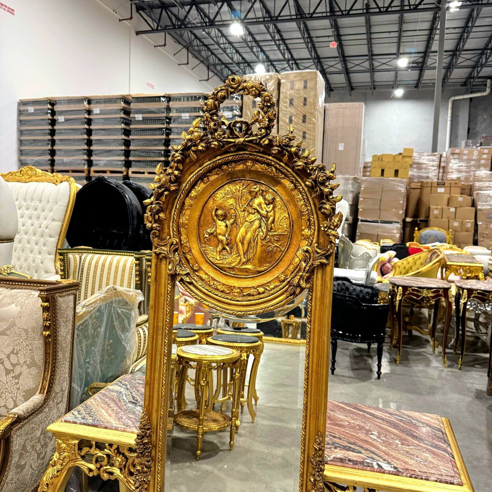 French Baroque Style 6 Feet Tall Dark Gold Floor Carved Mirror