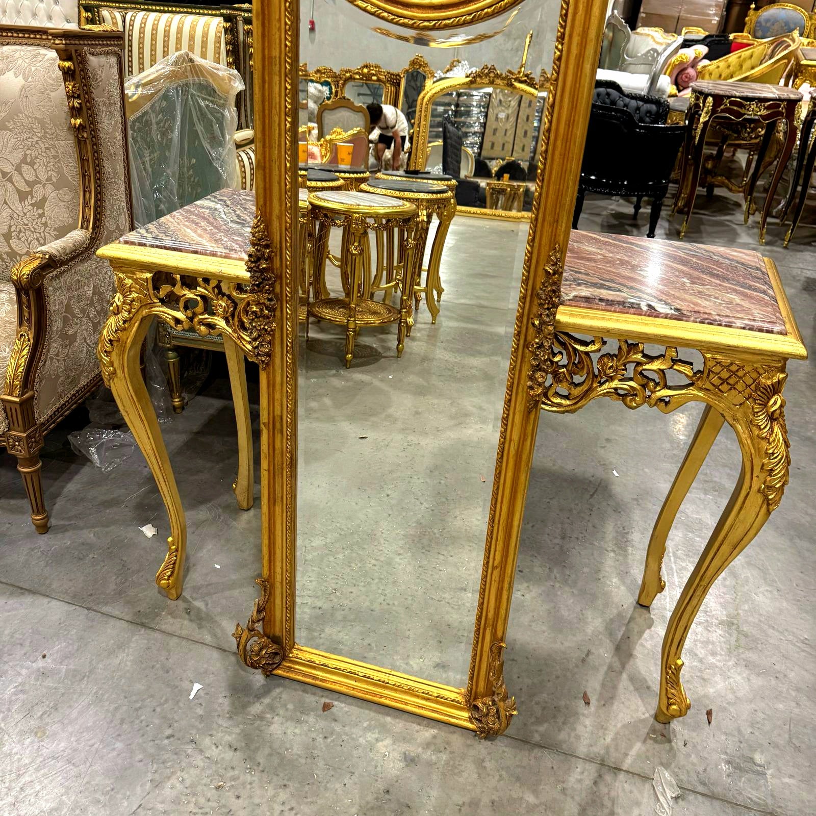 French Baroque Style 6 Feet Tall Dark Gold Floor Carved Mirror