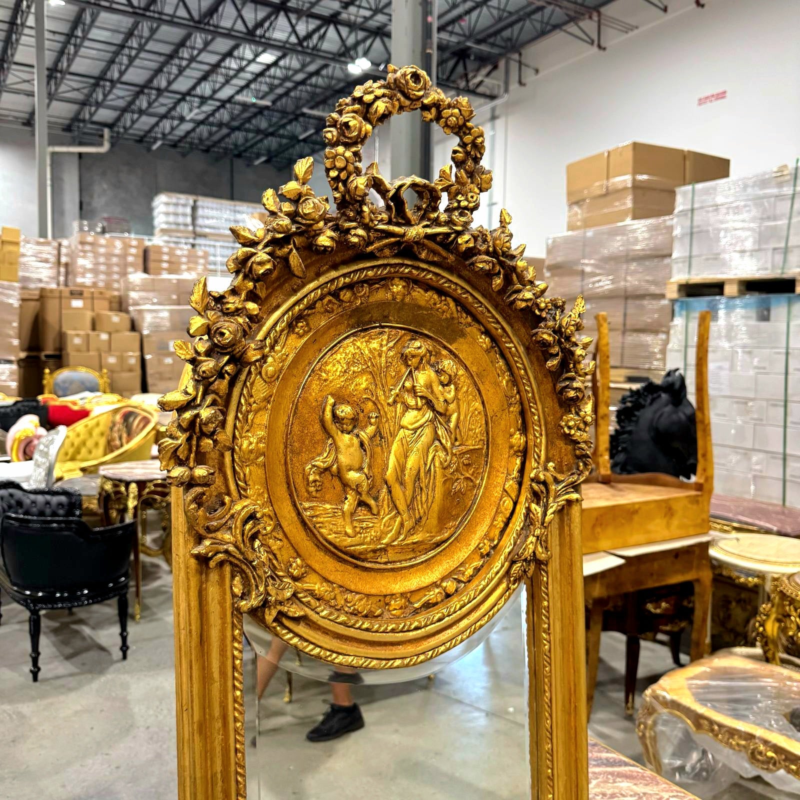 French Baroque Style 6 Feet Tall Dark Gold Floor Carved Mirror
