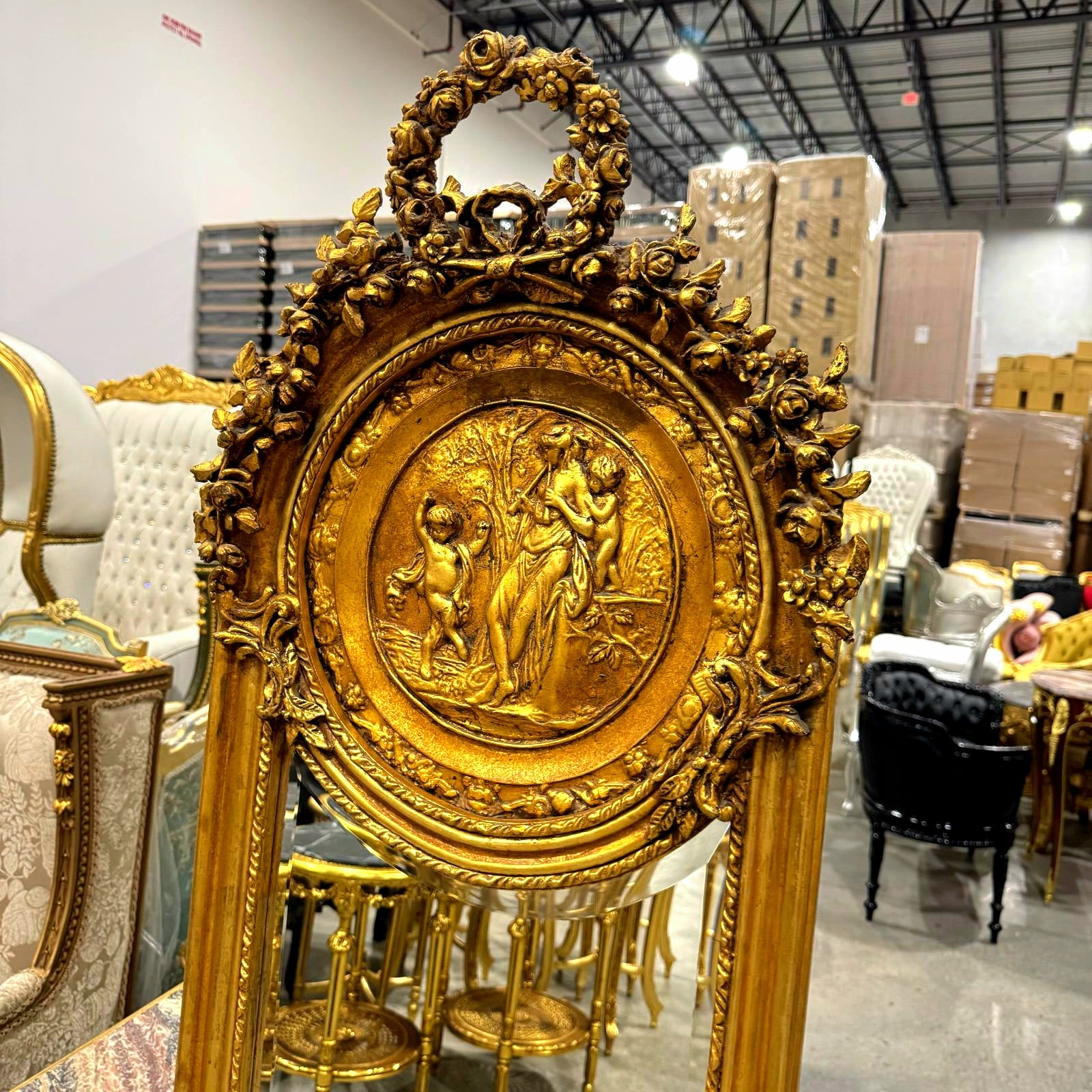 French Baroque Style 6 Feet Tall Dark Gold Floor Carved Mirror