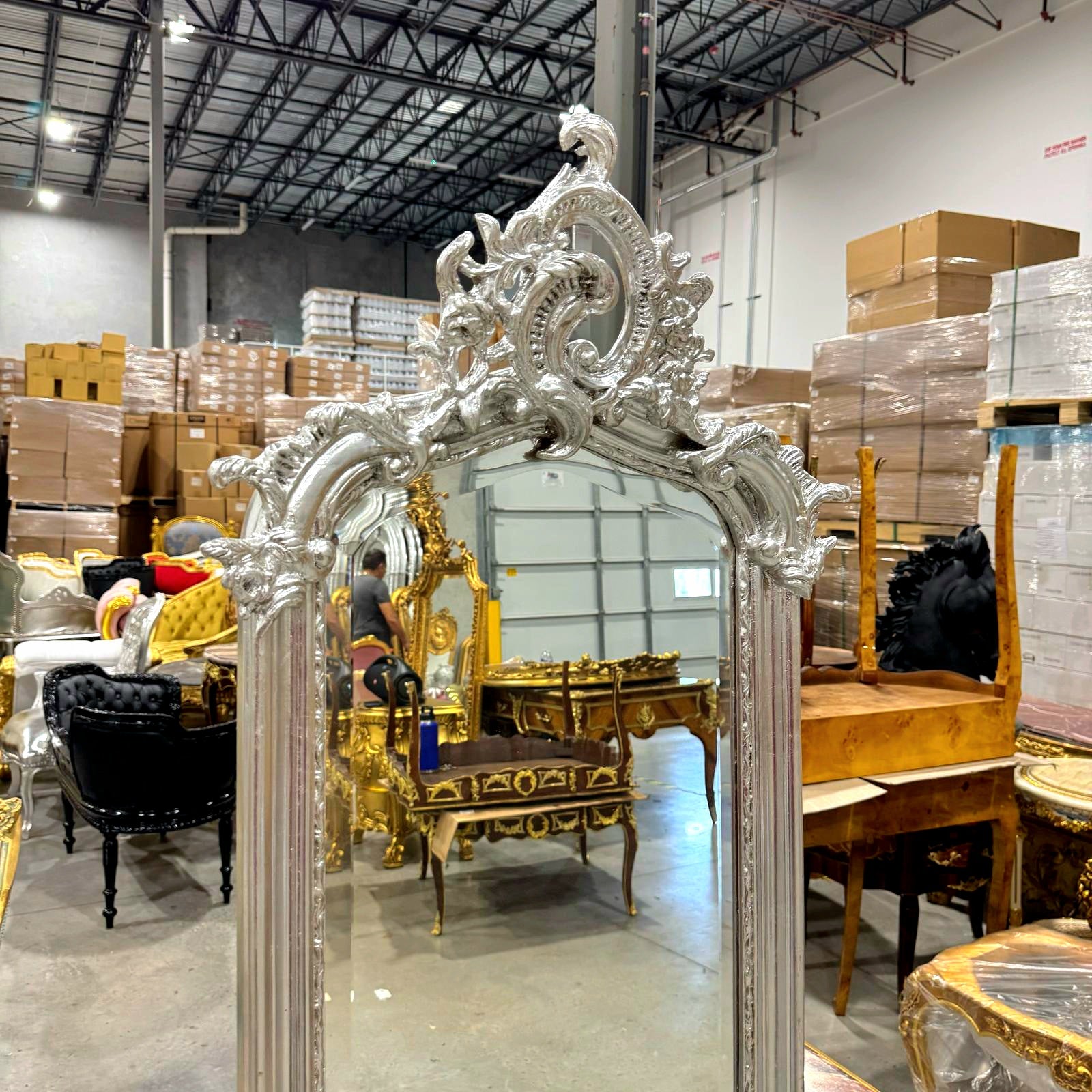 Elegant French Silver Floor Mirror – Hand-Applied Silver Leaf Finish