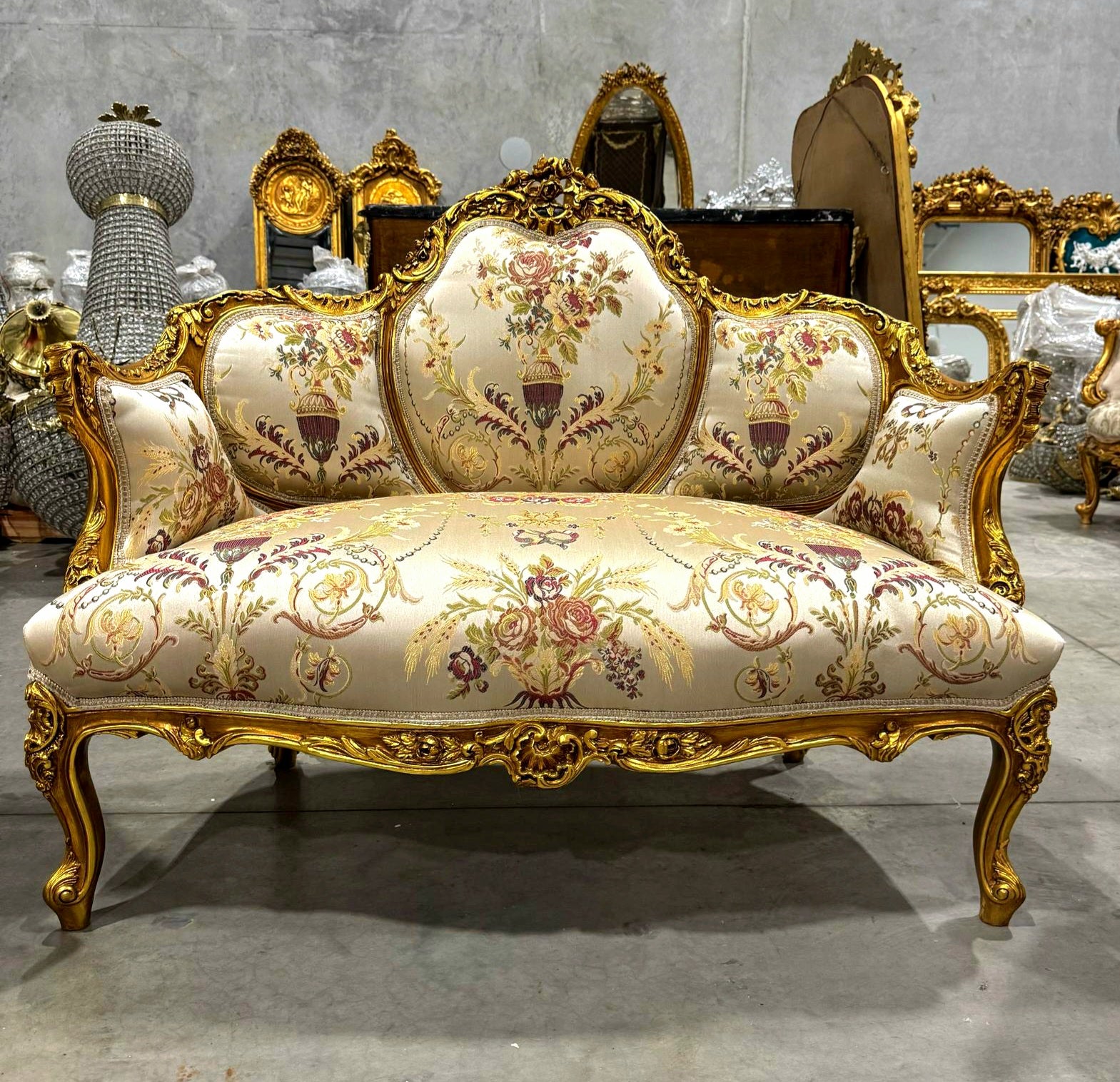 Baroque Style Antique White Beige Sofa Gold Leaf Details