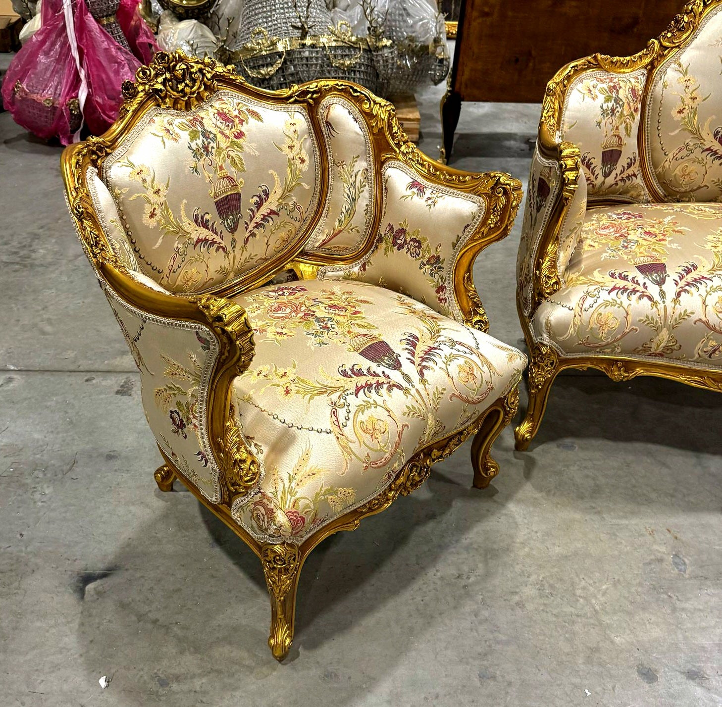 Antique Living Room SET Baroque Style Beige White Fabric *Sofa and 2 Chairs*