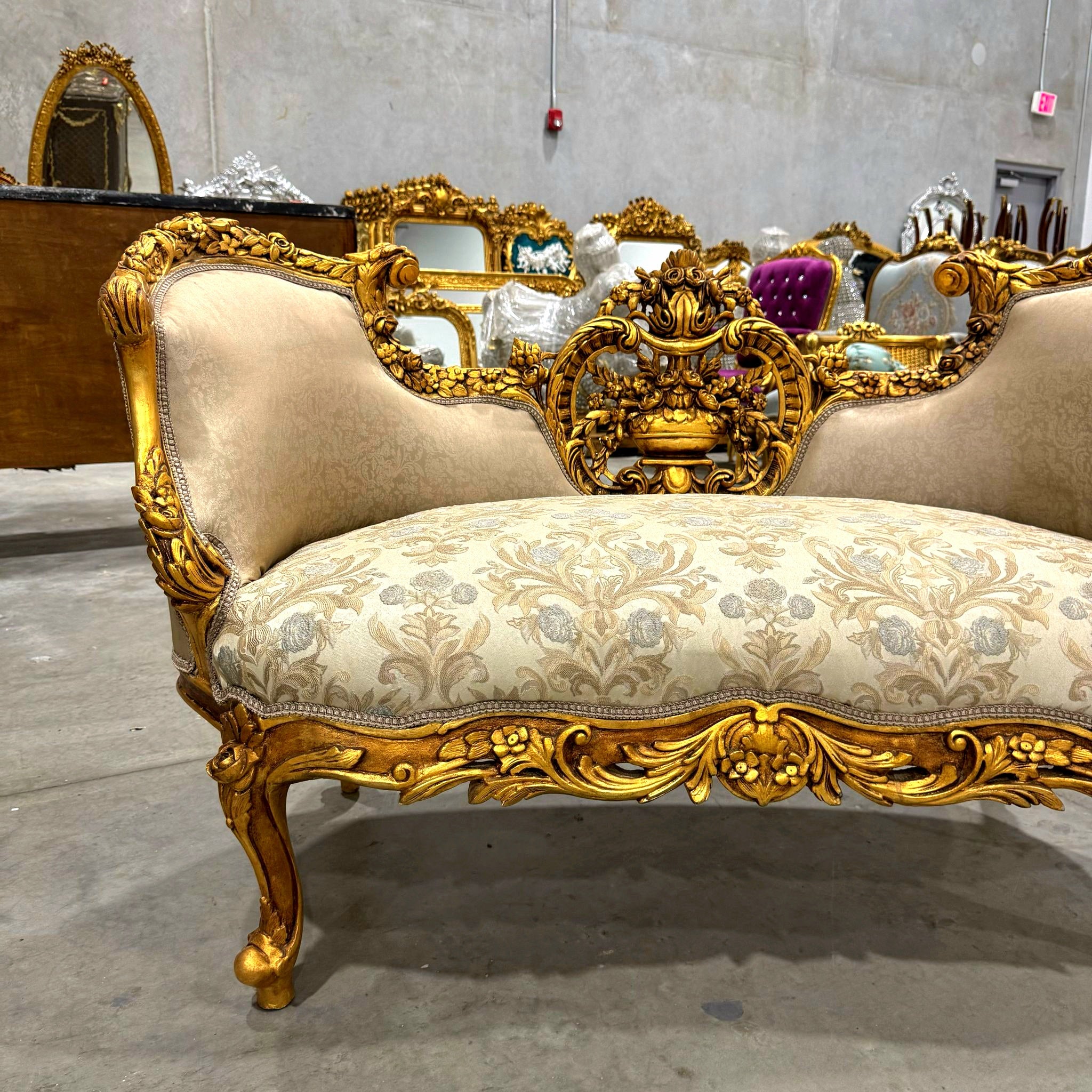 Elegant French Settee – Light Brown Upholstery & Gold Leaf Accents