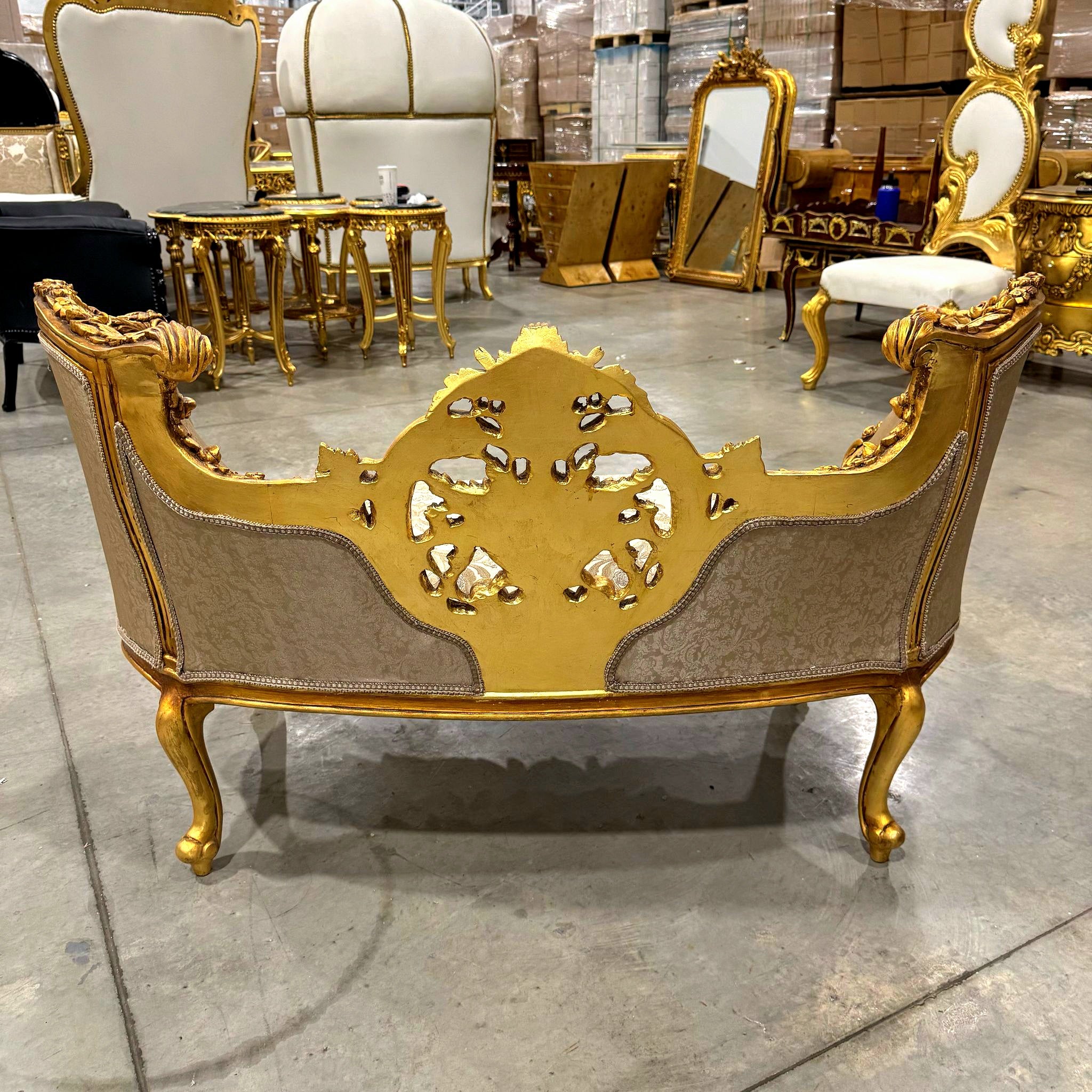 Elegant French Settee – Light Brown Upholstery & Gold Leaf Accents